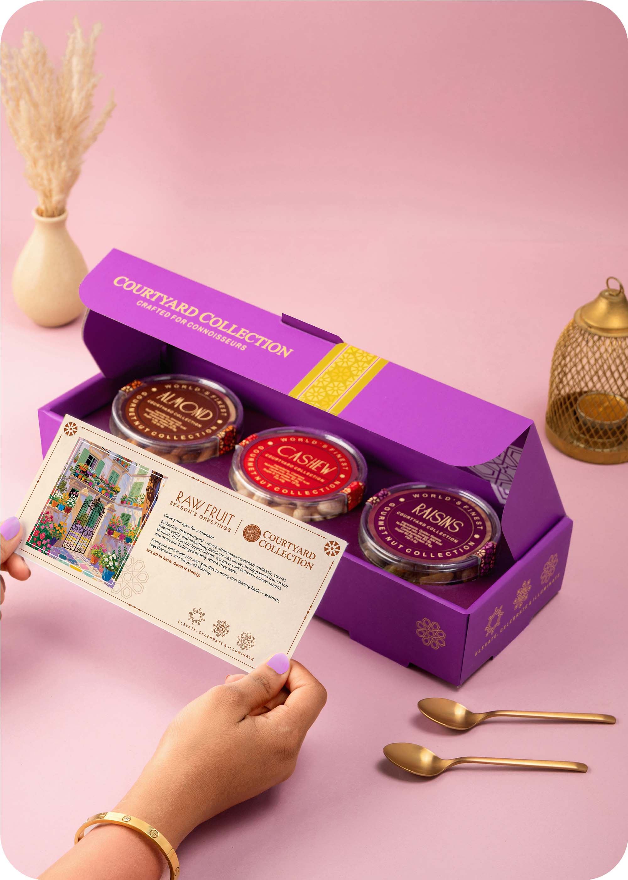 Courtyard Collection - 375 Grams Set of 3 Dry Fruits with Bhaiya Bhabhi Rakhi Set