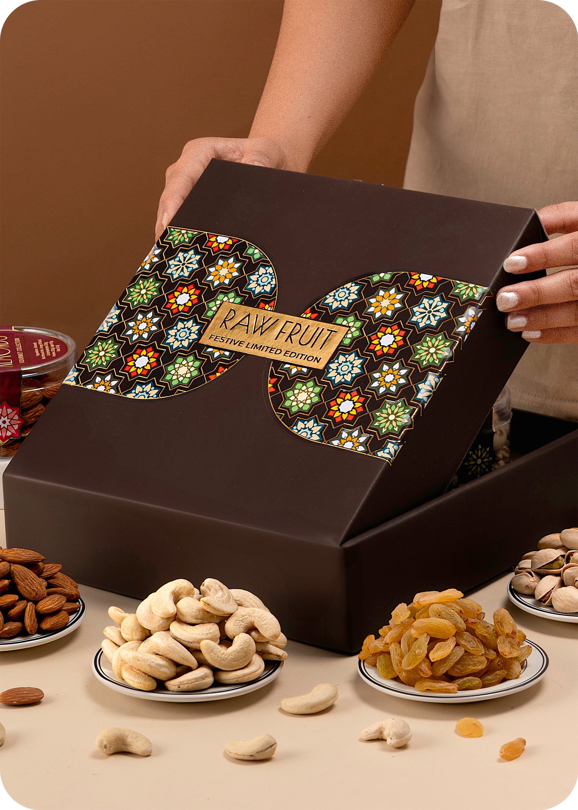 Spiced Cashews Delight Diwali Hamper with Wooden Candle Stands