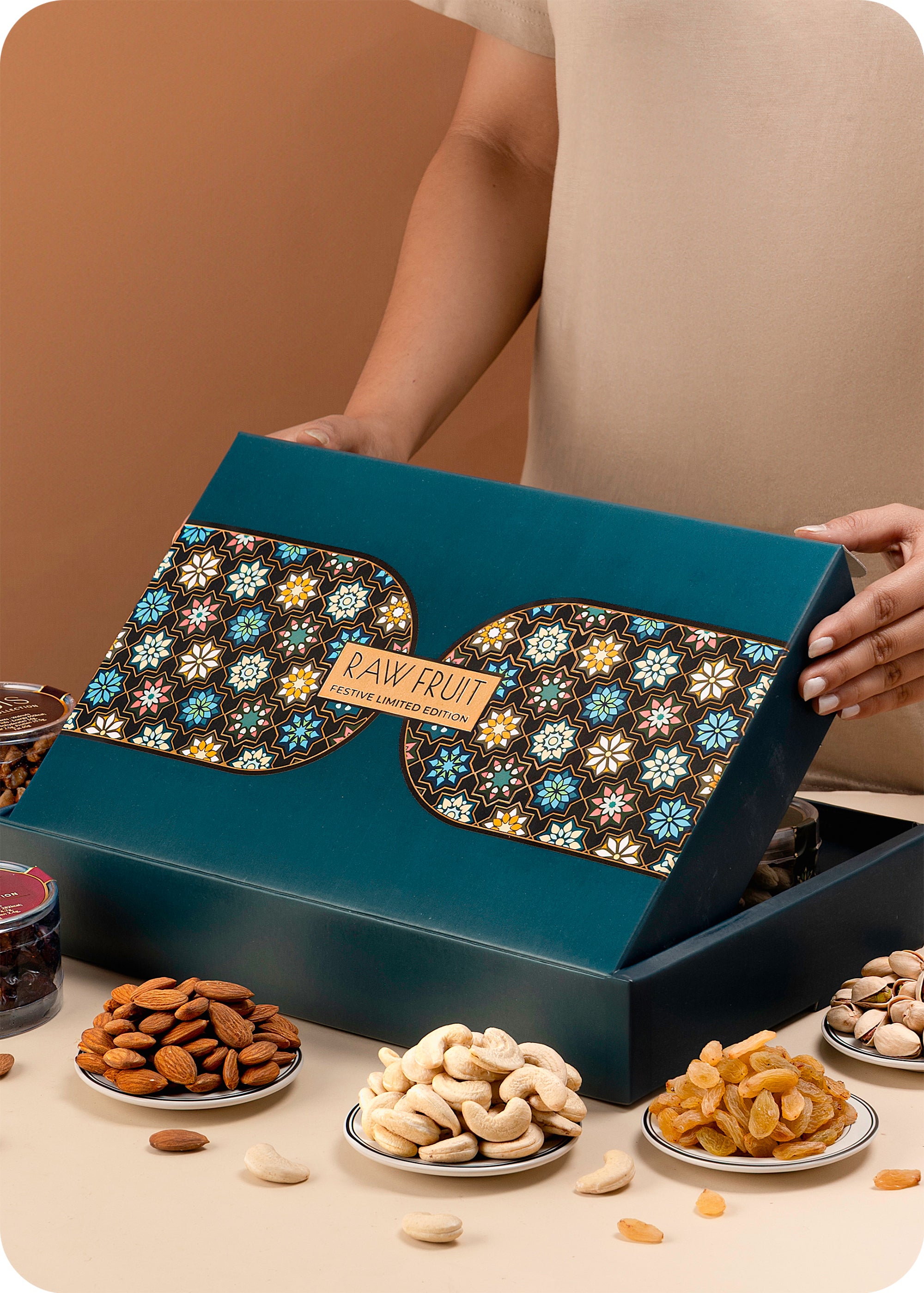 Diwali Dry Fruits Hamper with 6 Varieties & Elegant Wooden Candle Stands