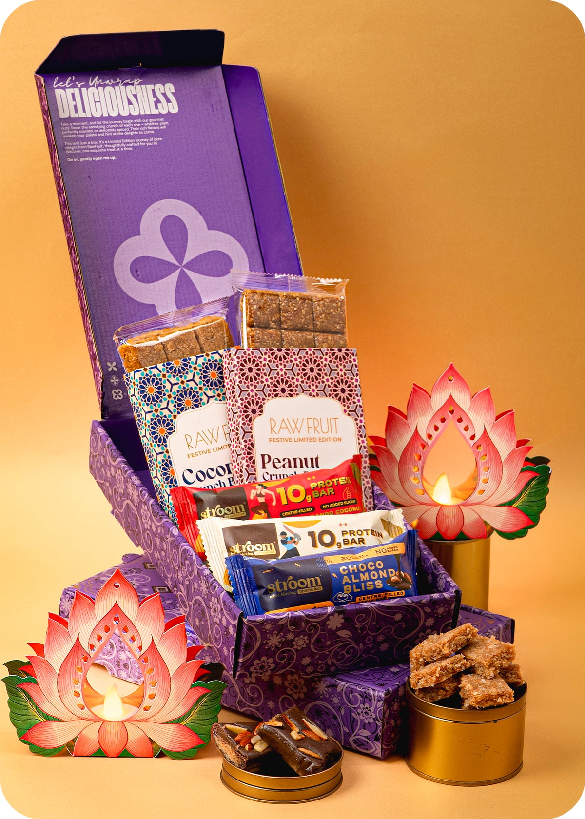 Diwali Delight Box : Protein Bars, Brittle Treats & Lantern Decor
