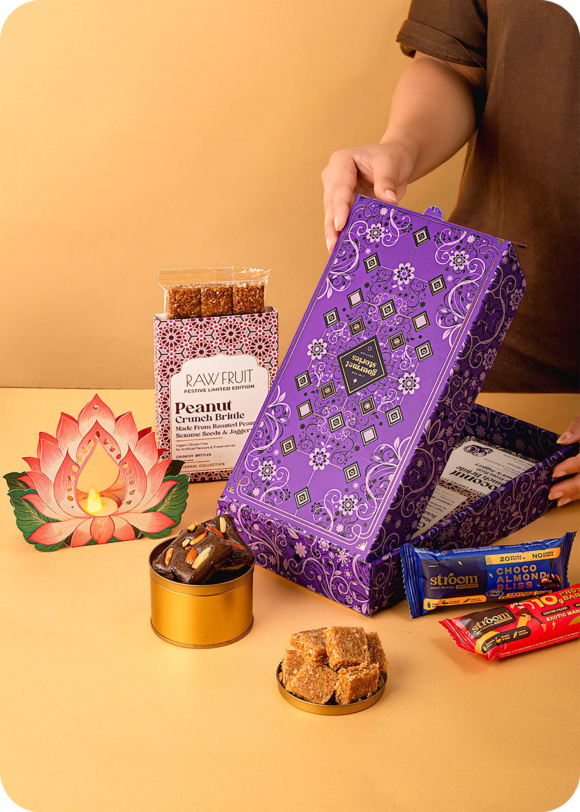 Diwali Delight Box : Protein Bars, Brittle Treats & Lantern Decor