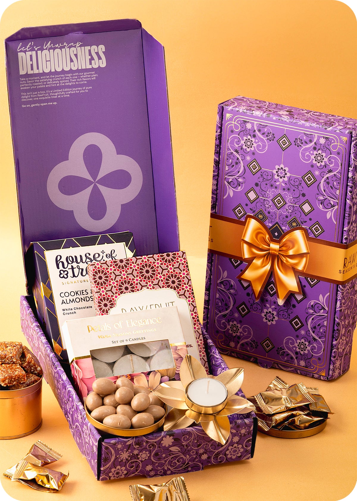 Diwali Treats Gift Box : Brittle, Dragees & Tea Light Set