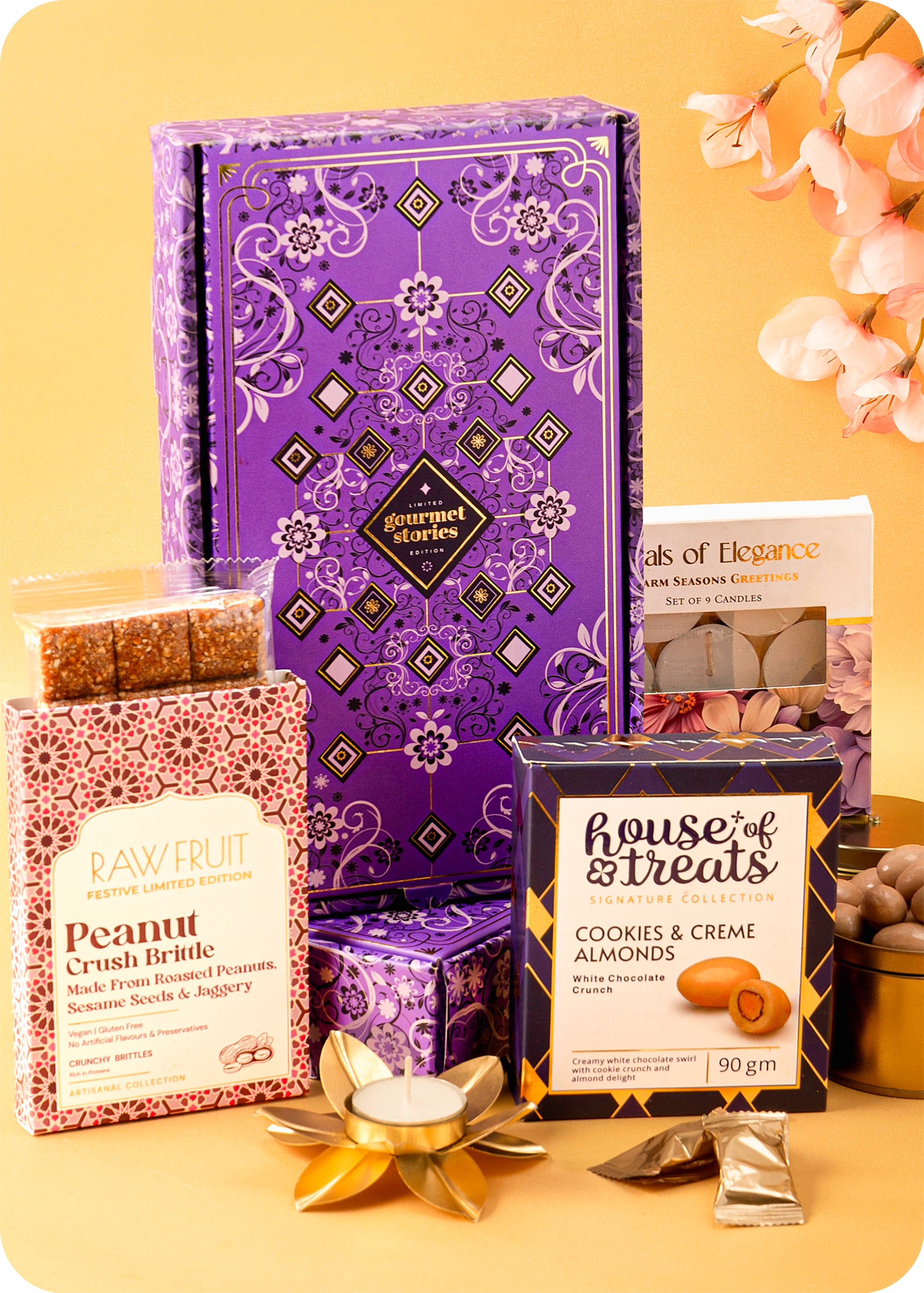 Diwali Treats Gift Box : Brittle, Dragees & Tea Light Set