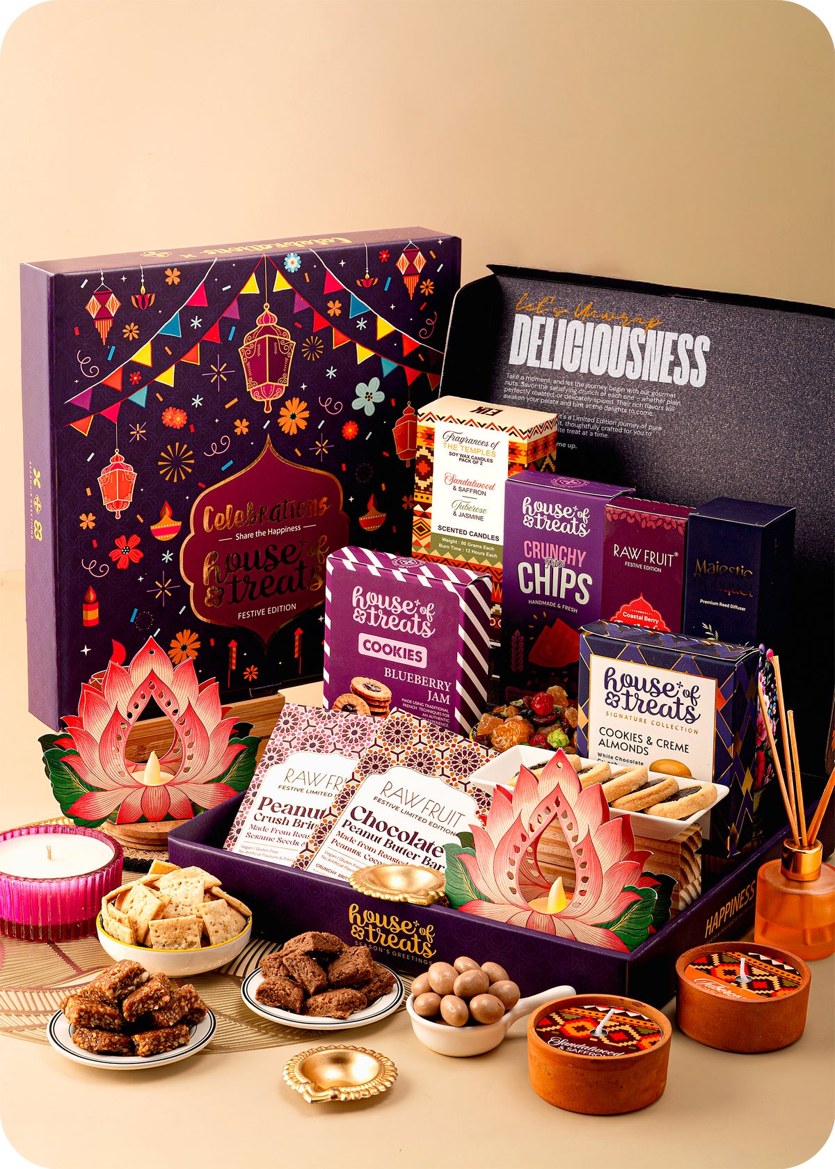 Festive Diwali Gift Hamper : Gourmet Snacks, Fragnance Decor & Festive Lights