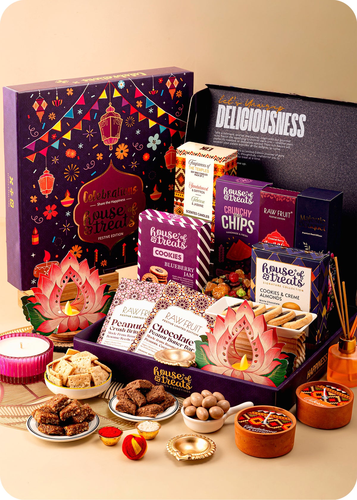 Bhai Dooj Delight Hamper: Gourmet Snacks, Fragrant Decor & Festive Lights
