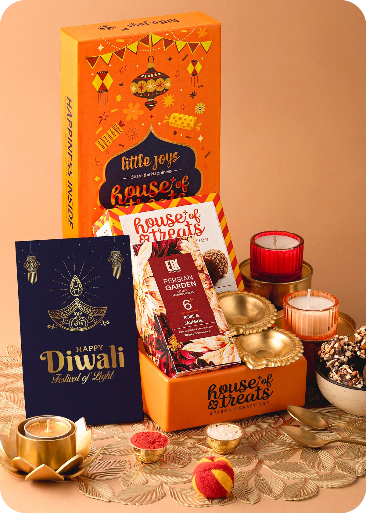 Bhai Dooj Gift Box : Date Pralines, Candles & Diyas