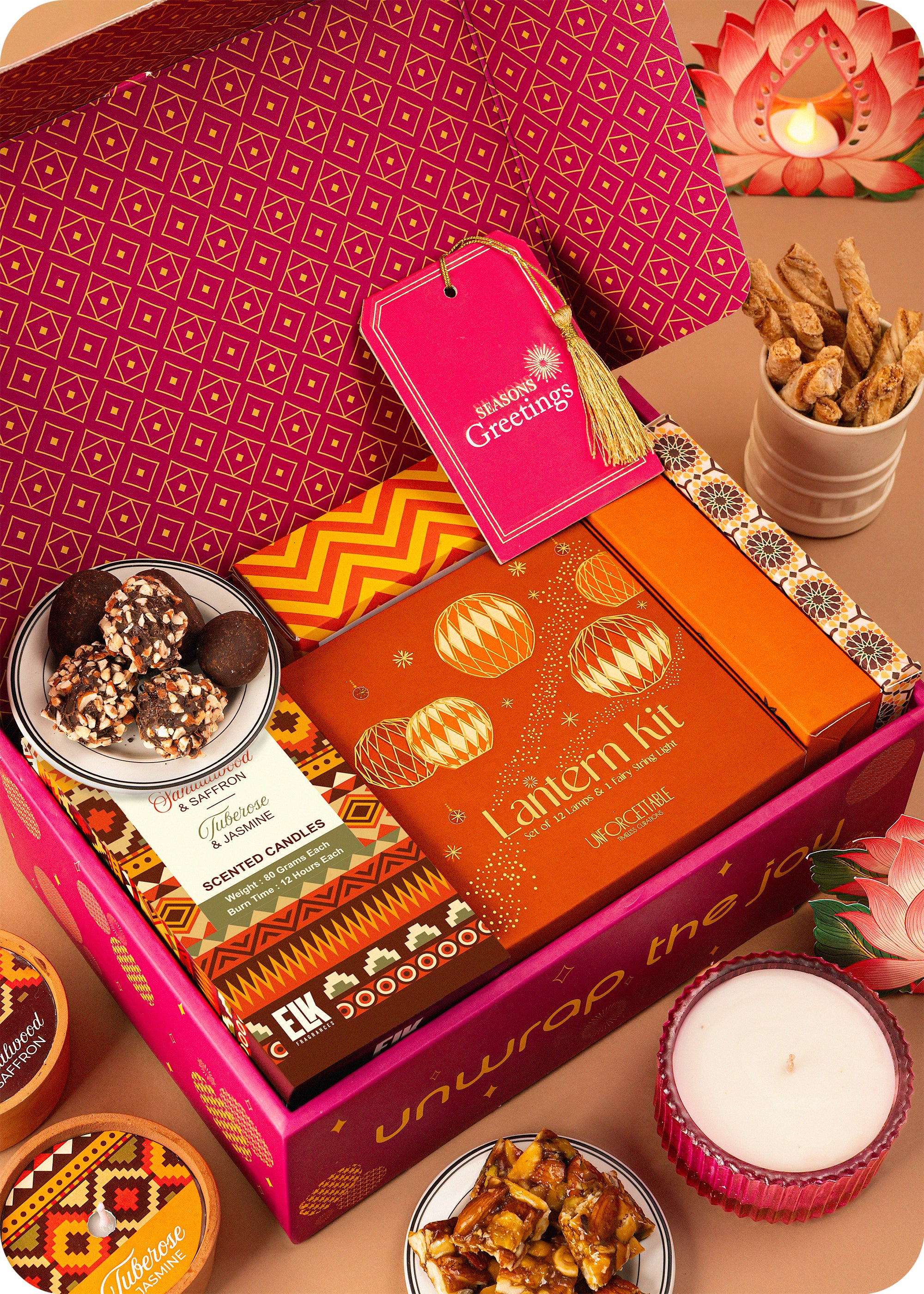 Diwali Delight Box with Brittle, Snacks, Candles & Lanterns