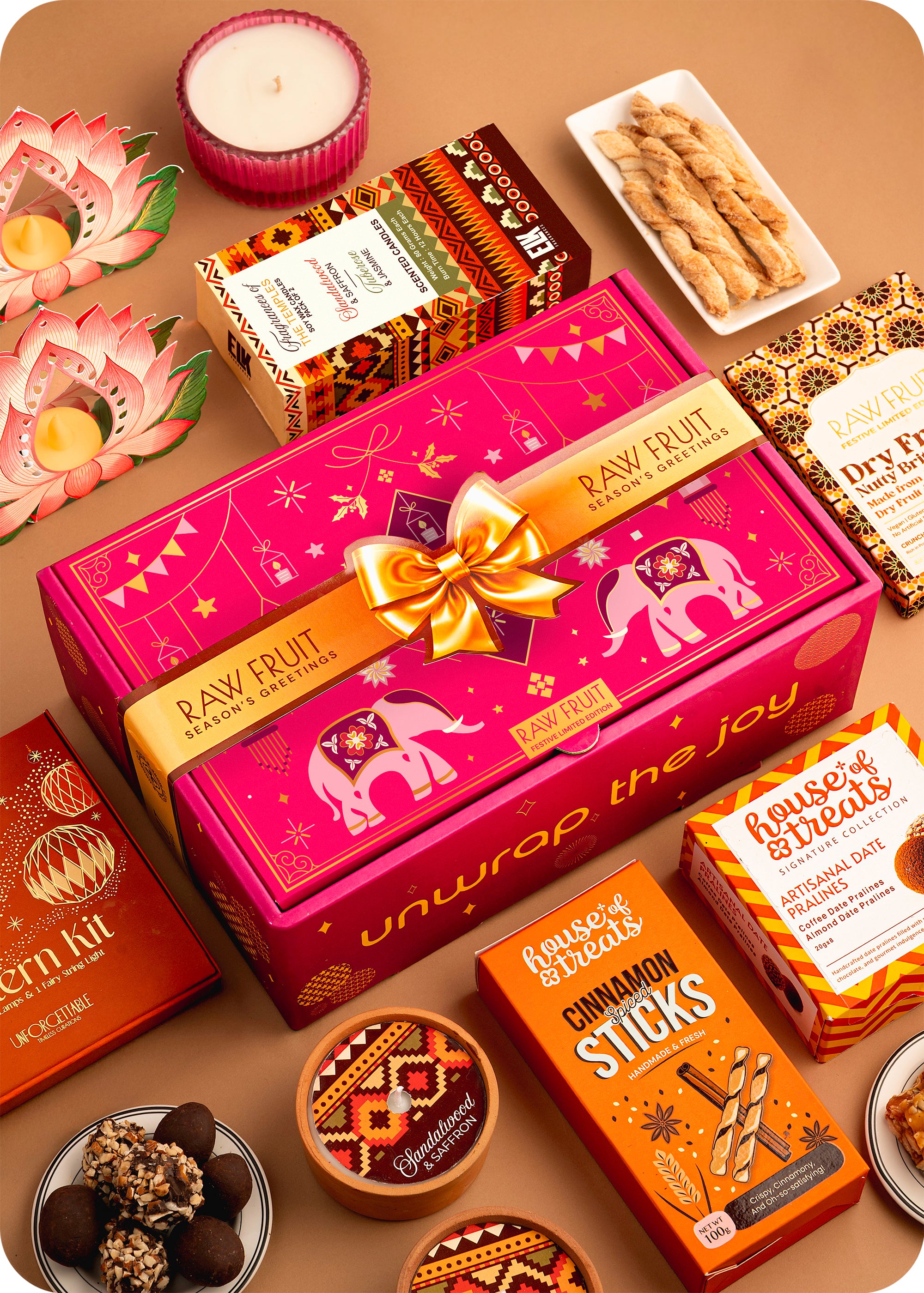 Diwali Delight Box with Brittle, Snacks, Candles & Lanterns