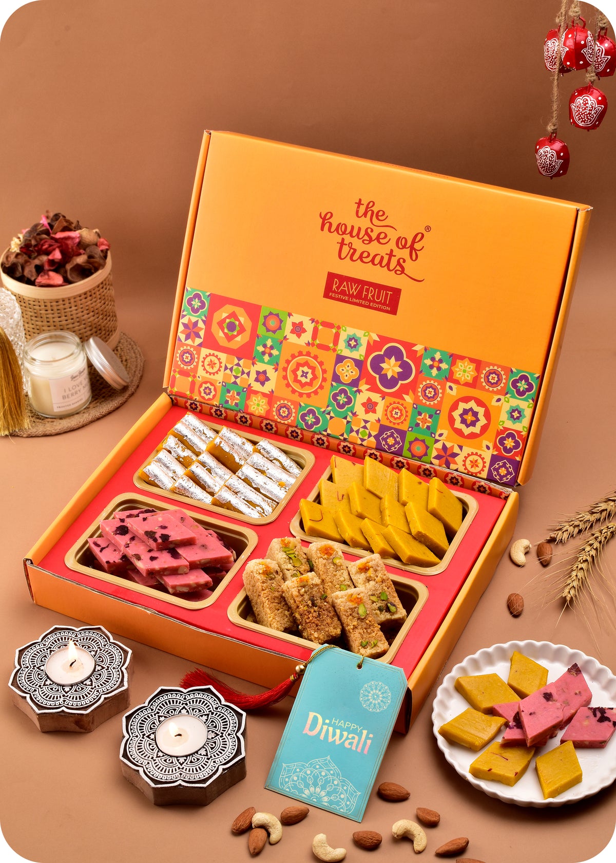 Diwali Celebration Gift Box with Pack of 4 Sweets & Candle Decor