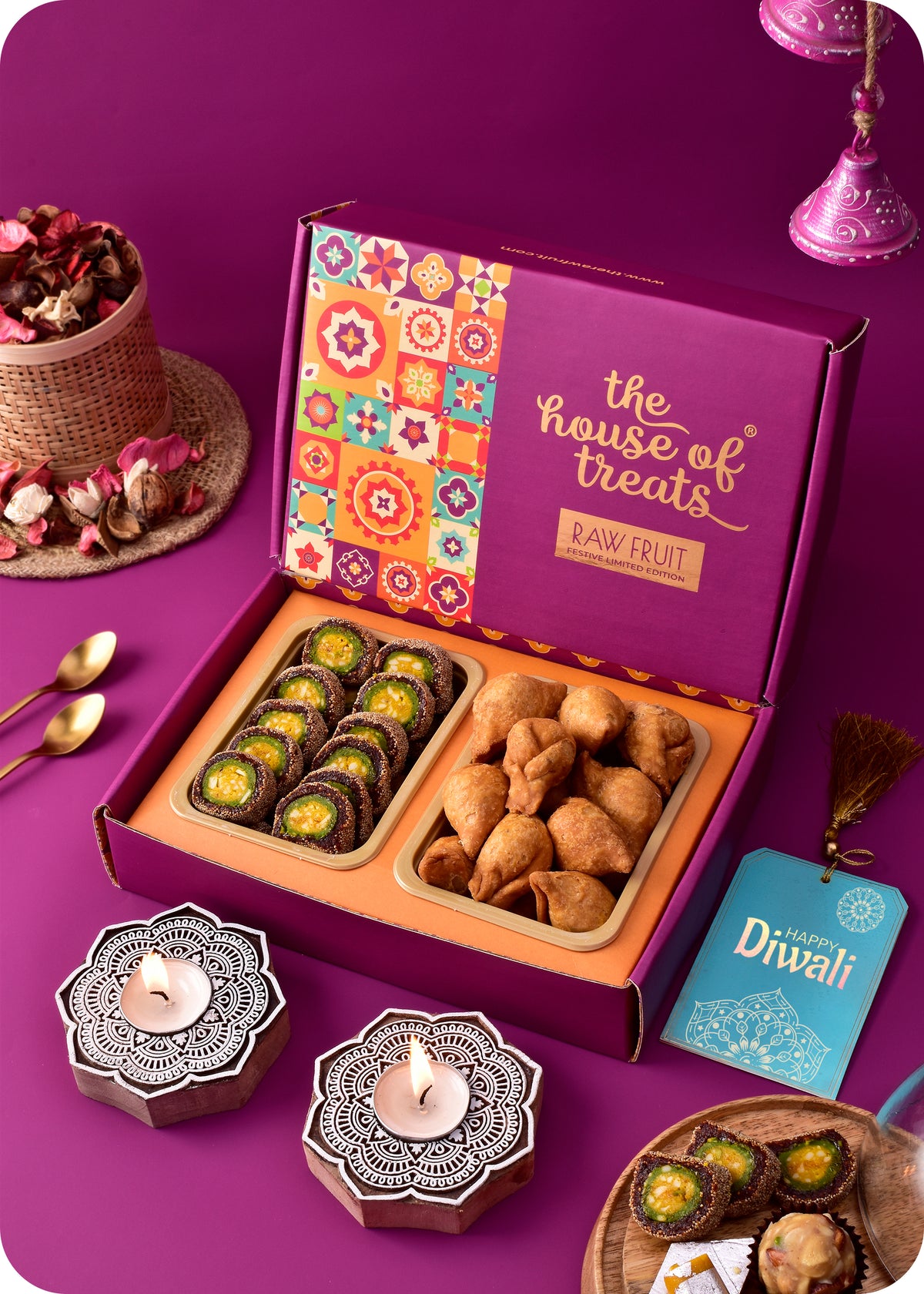 Diwali Sweets Gift Hamper with Lotus Candle Stands