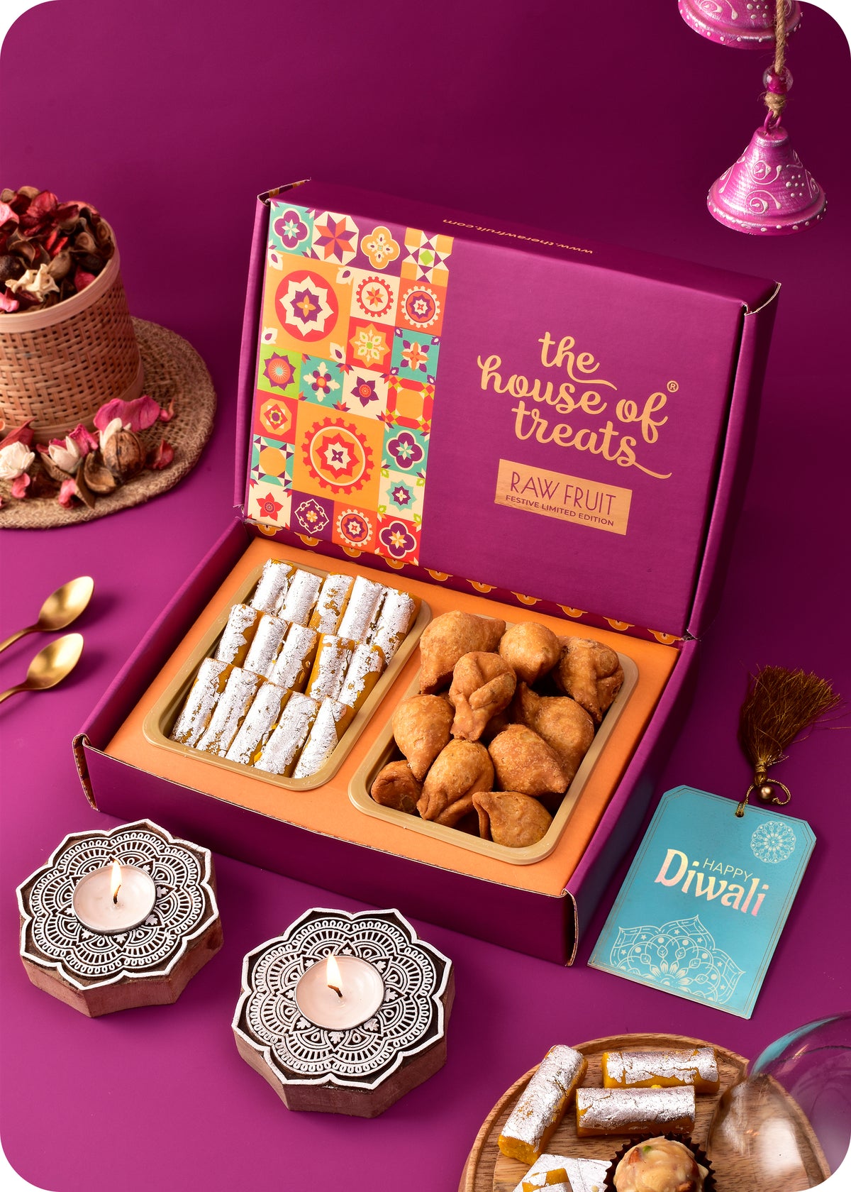 Traditional Diwali Sweets with Lotus Wooden Candle Stands