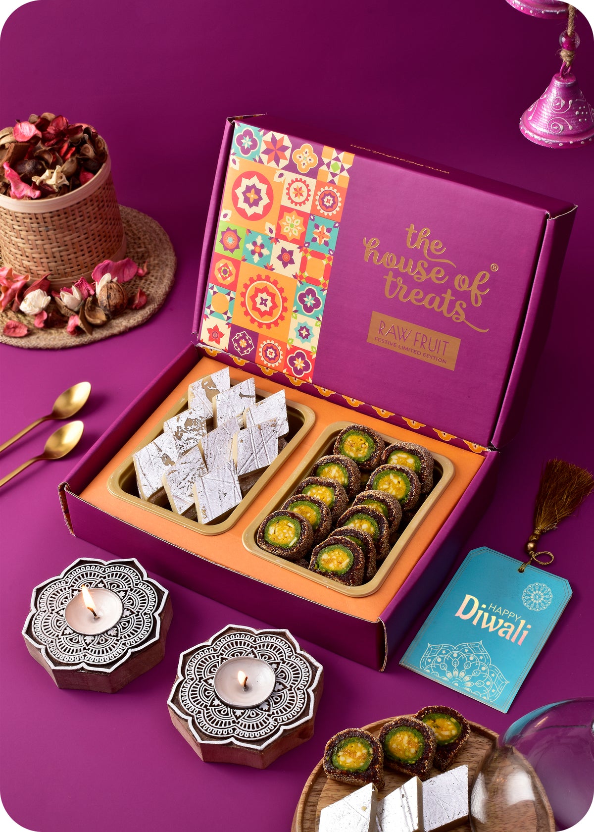 Delightful Diwali Gift Box with Sweets & Wooden Candle Holders