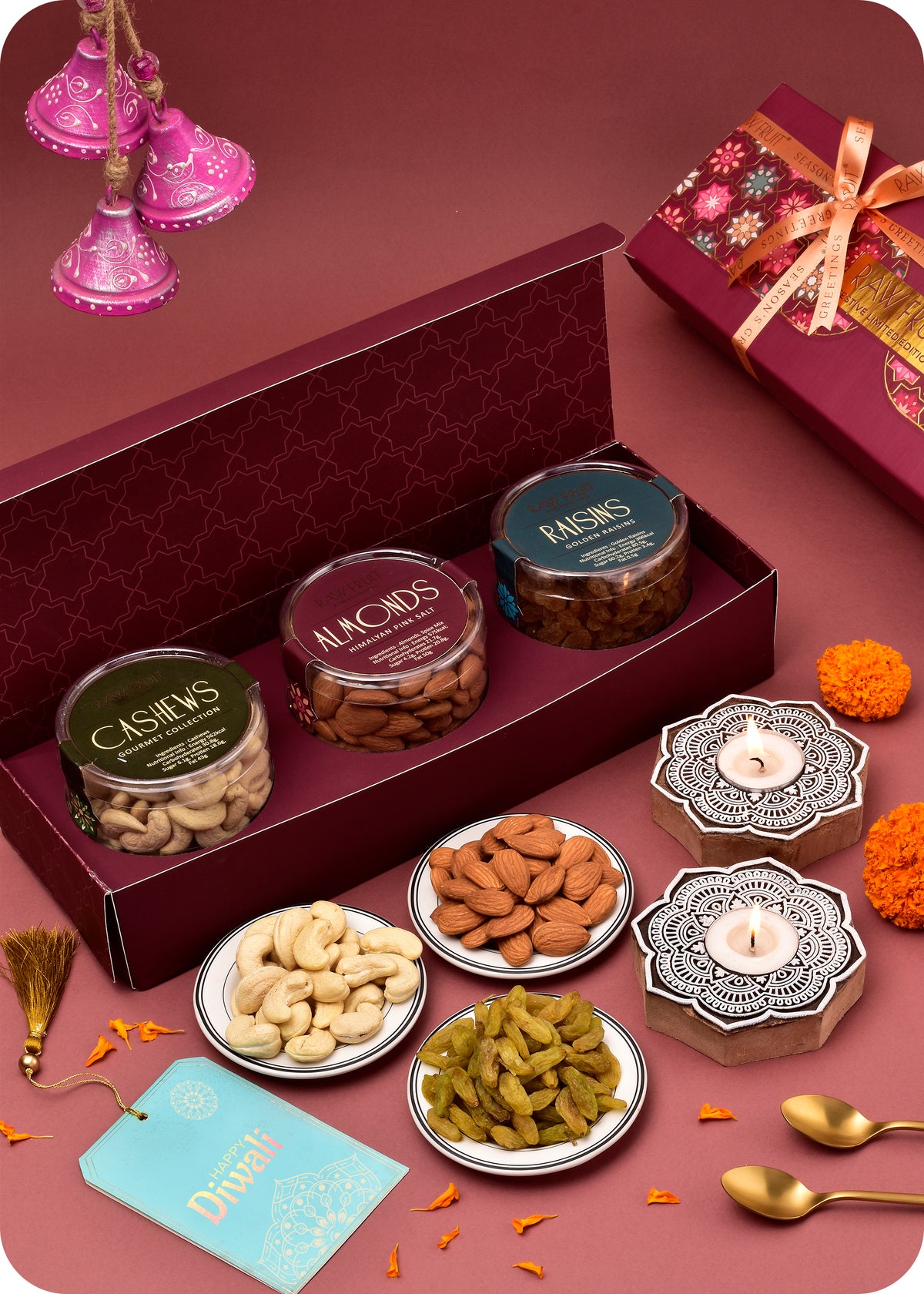 Diwali Dry Fruits Gift Pack: Dry Fruits with Wooden Candle Stands