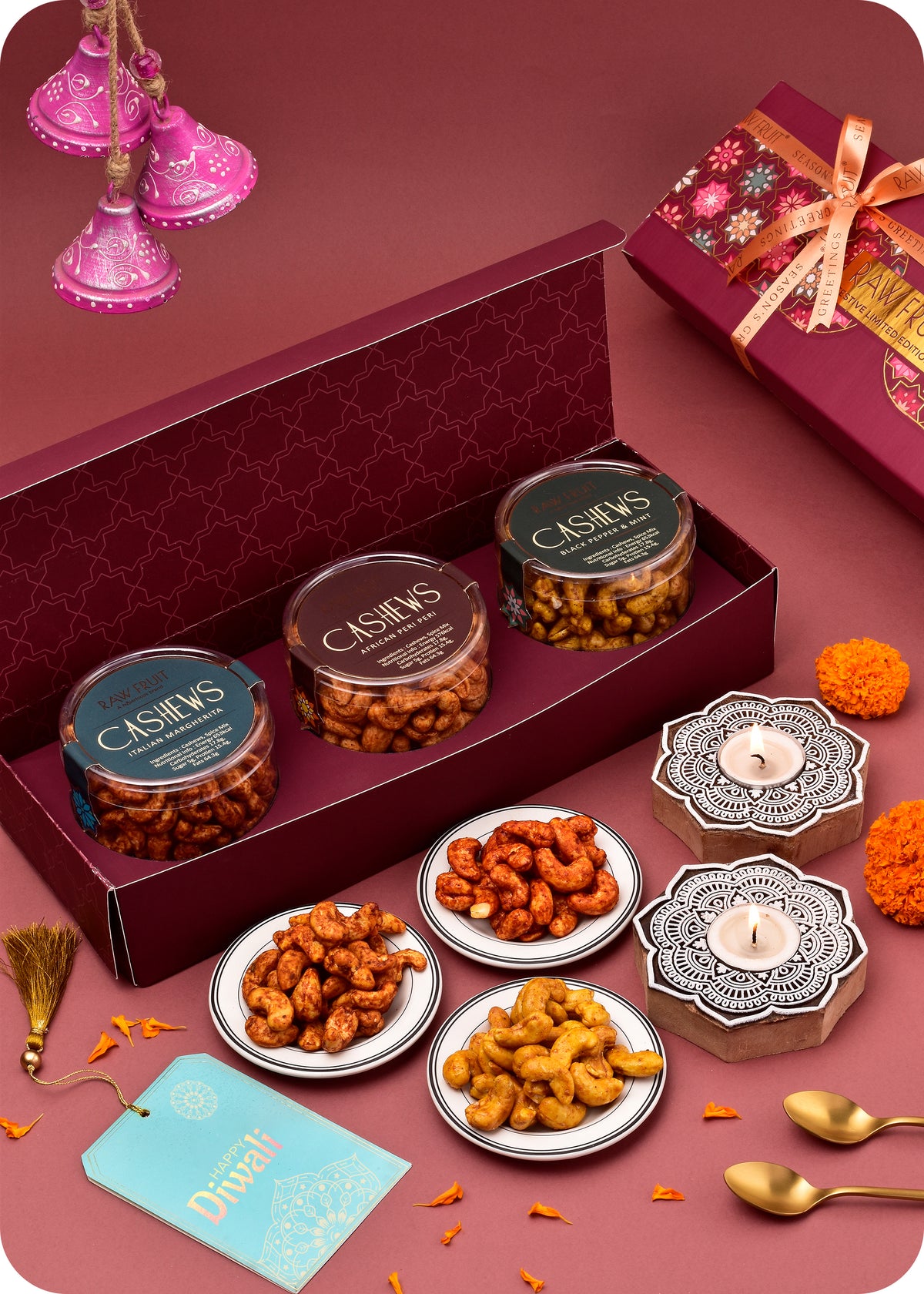 Diwali Dry Fruits Gift Pack: Flavored Cashews Trio with Wooden Candle Stands