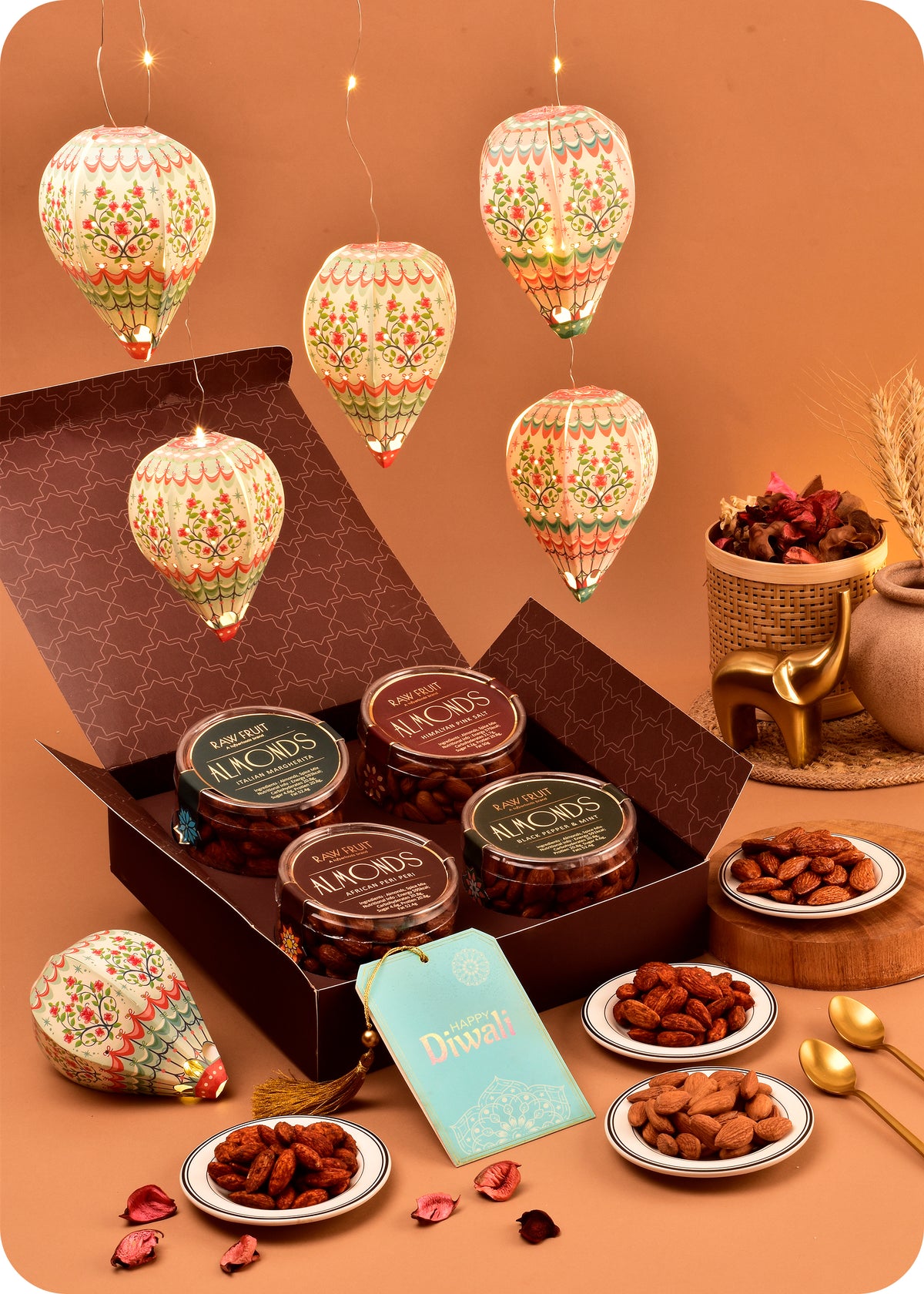 Diwali Gift Set – Spiced & Flavored Almonds with DIY Paper Light Lamp