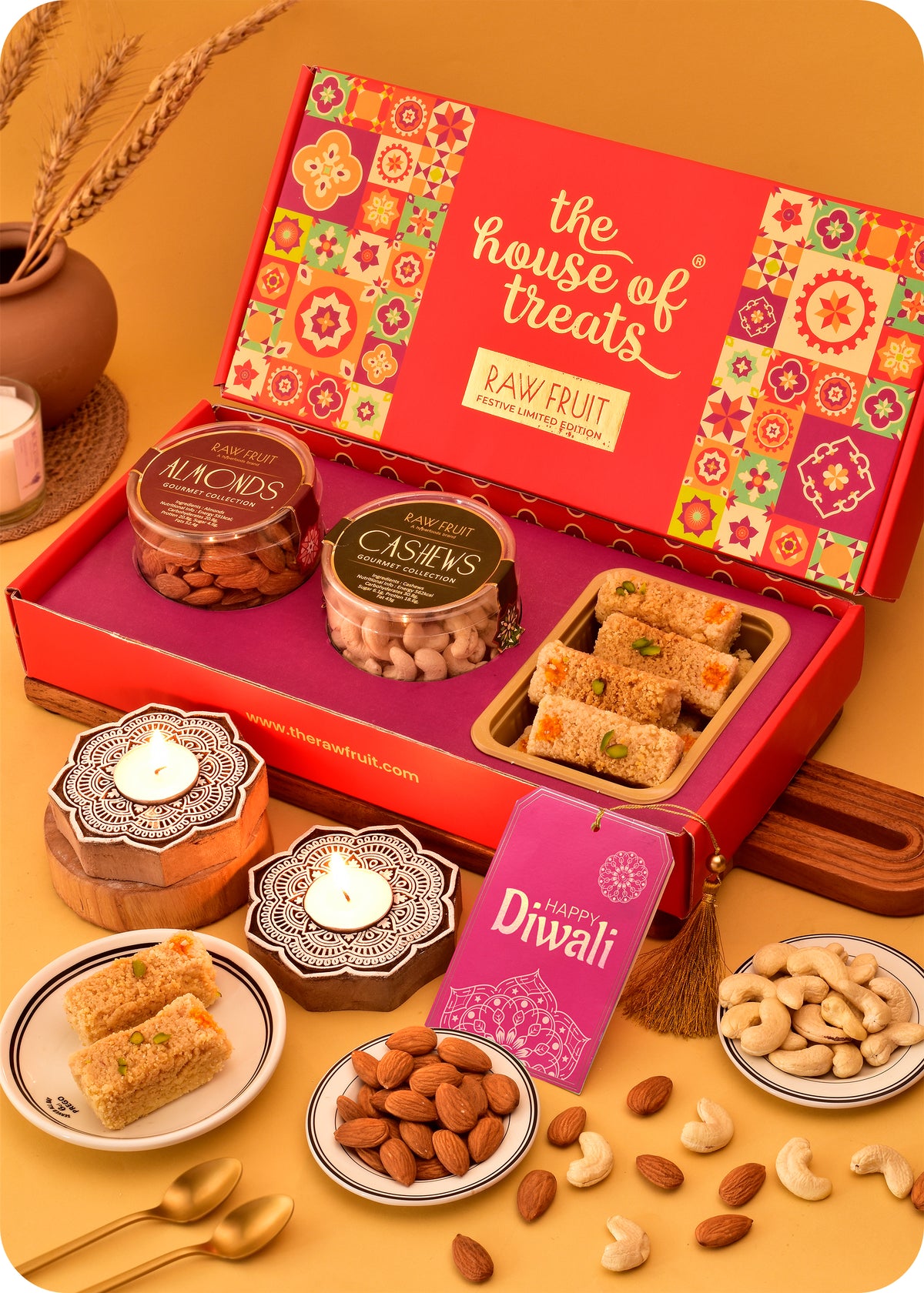 Festive Sweets & Dry Fruits Gift Pack with Wooden Candle Stands