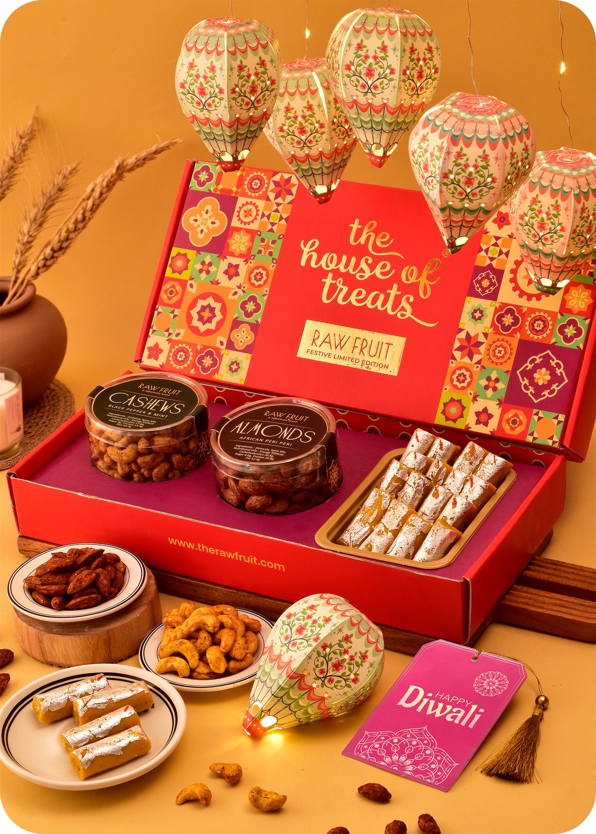 Festive Kesar Roll & Roasted Dry Fruits Gift Box with DIY Paper Lamps