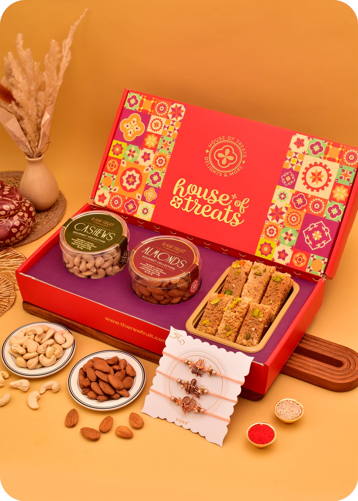 Set of 3 Rakhi with Sweets & Dry Fruits