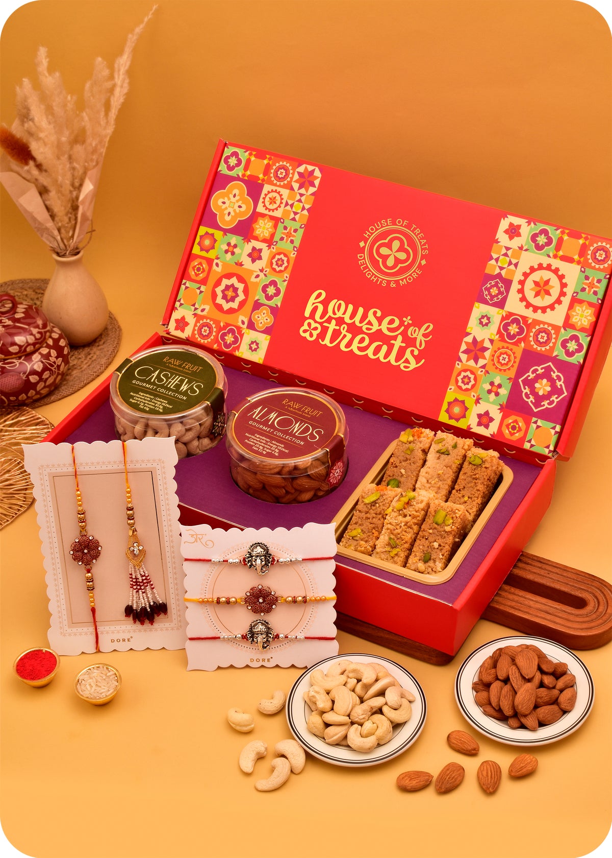 Set of 5 Rakhi with Sweets & Dry Fruits