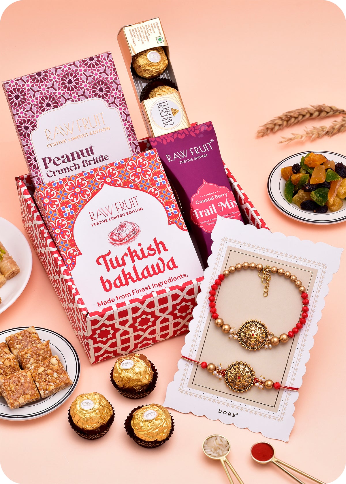 Hamper Tray Dry Fruit, Chocolate, Peanut Brittle with Bhaiya Bhabhi Rakhi