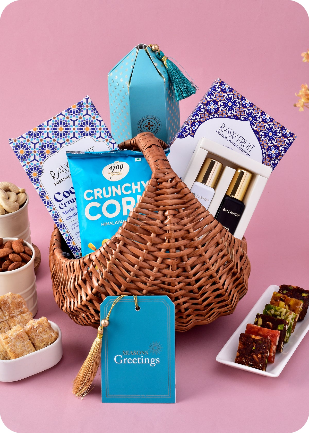 Gift Hamper: Bella Vita Perfume, Crunchy Snacks & Premium Dry Fruits