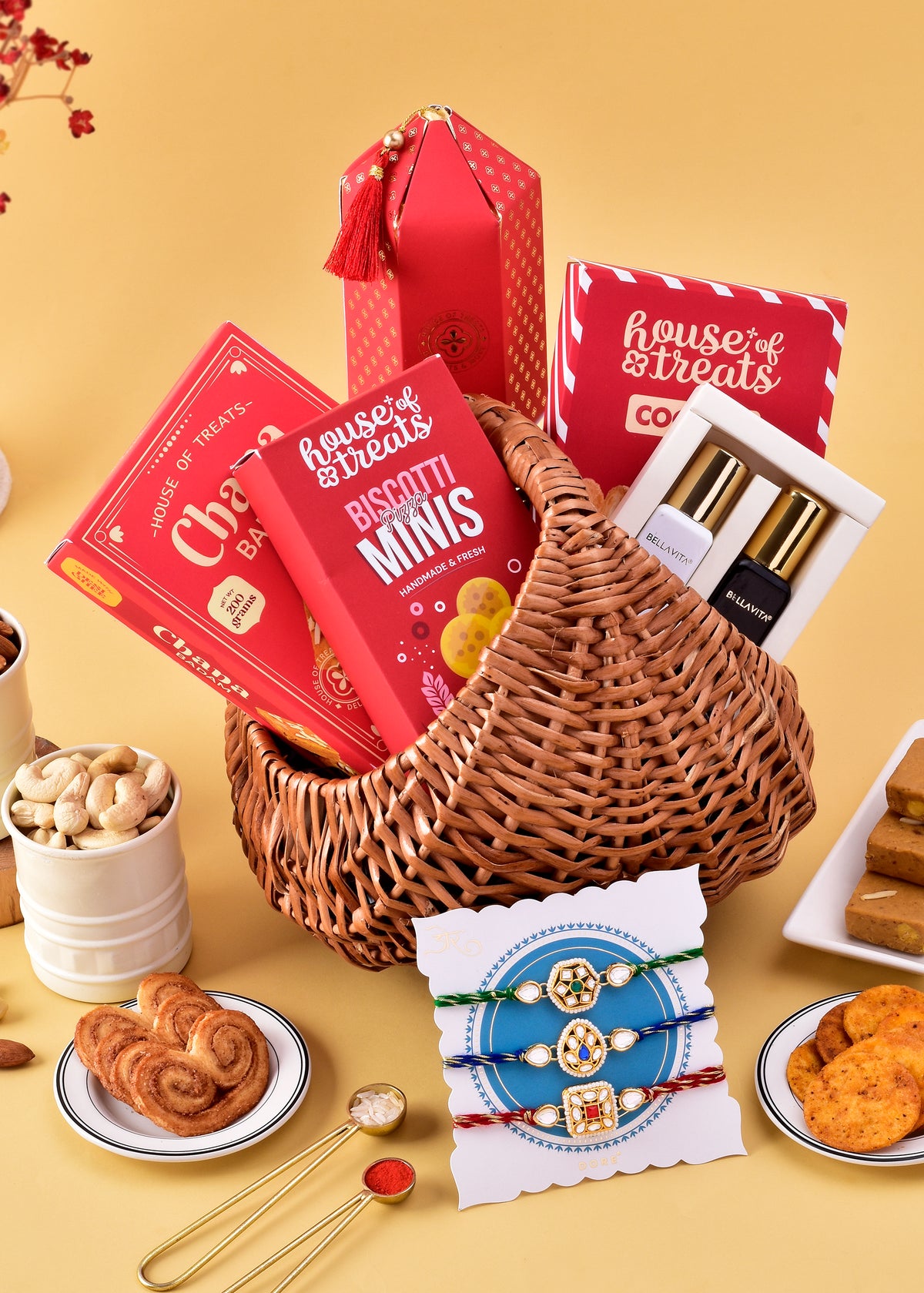 Rakhi Gift Basket: Sweets & Snacks with 3 Rakhi