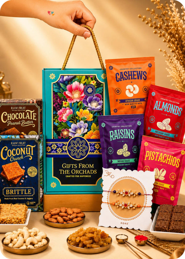 Gifts From The Orchards Dry Fruits & Brittles Gift Pack with Set of 2 Rakhi