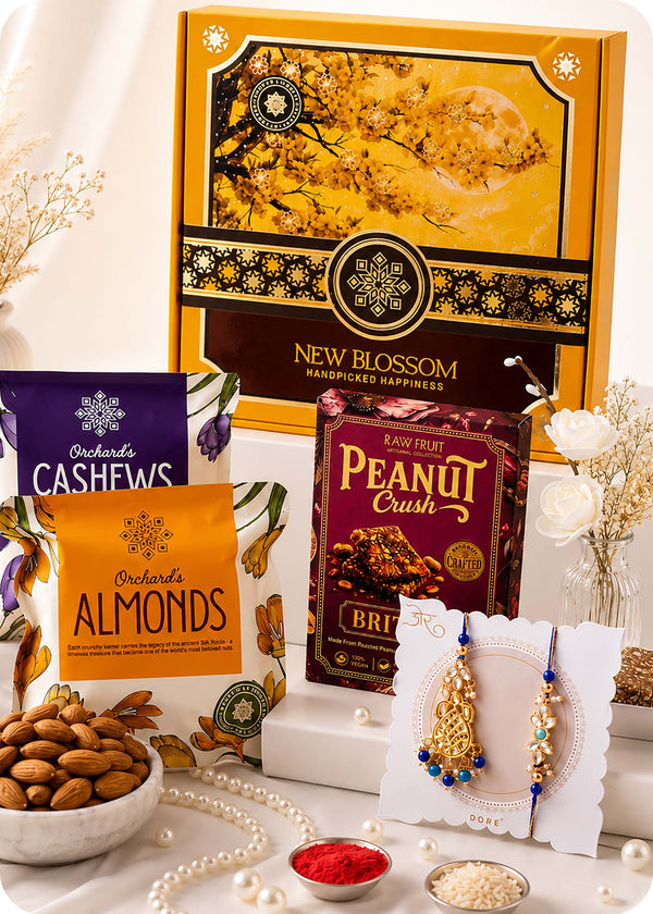 Festive Dry Fruits Gift Pack, Brittles with Bhaiya Bhabhi Rakhi Set