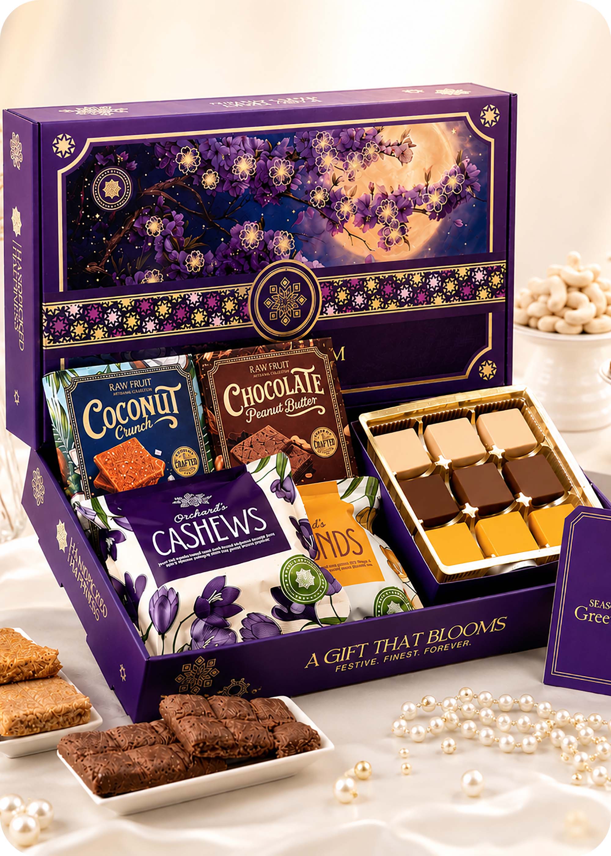 Celebration Hamper Dry Fruits, Brittles & Sweets with Set of 3 Rakhi