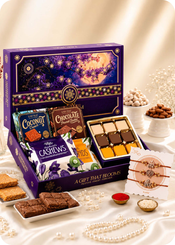 Celebration Hamper Dry Fruits, Brittles & Sweets with Set of 3 Rakhi