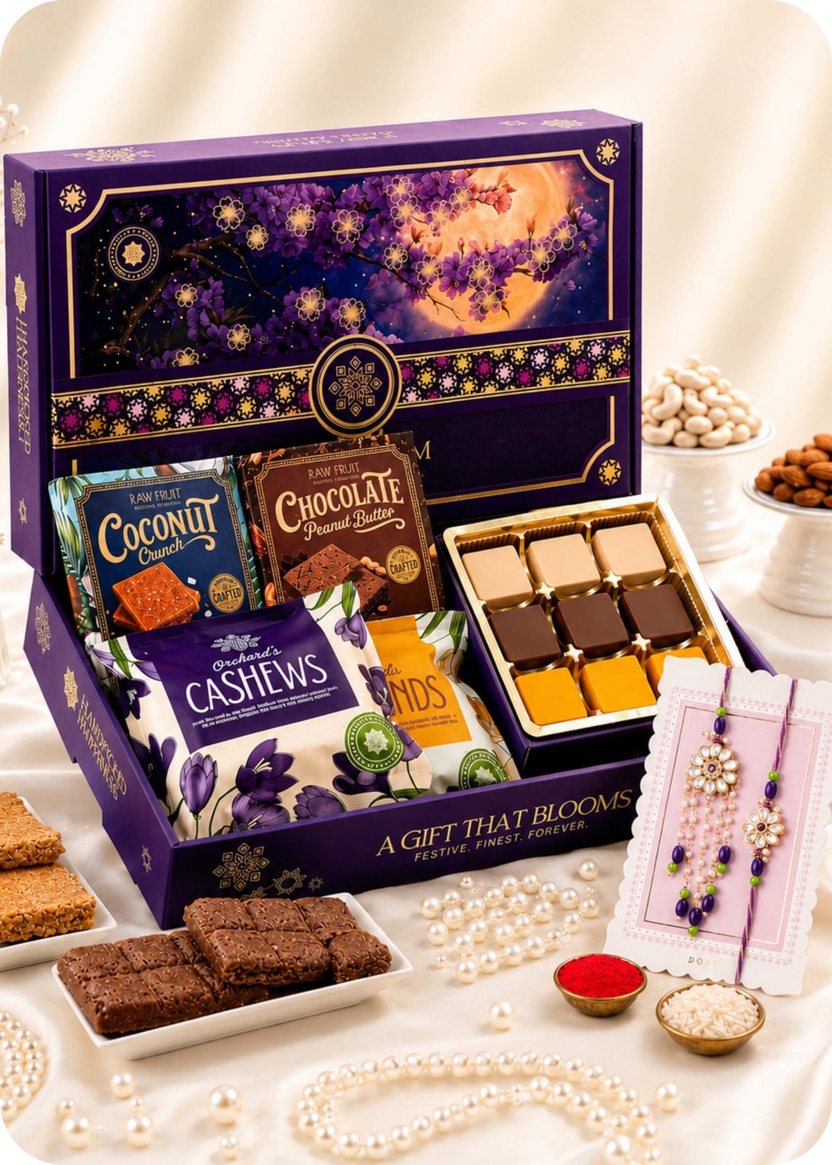 Celebration Hamper Dry Fruits, Brittles & Sweets with Bhaiya Bhabhi Rakhi Set