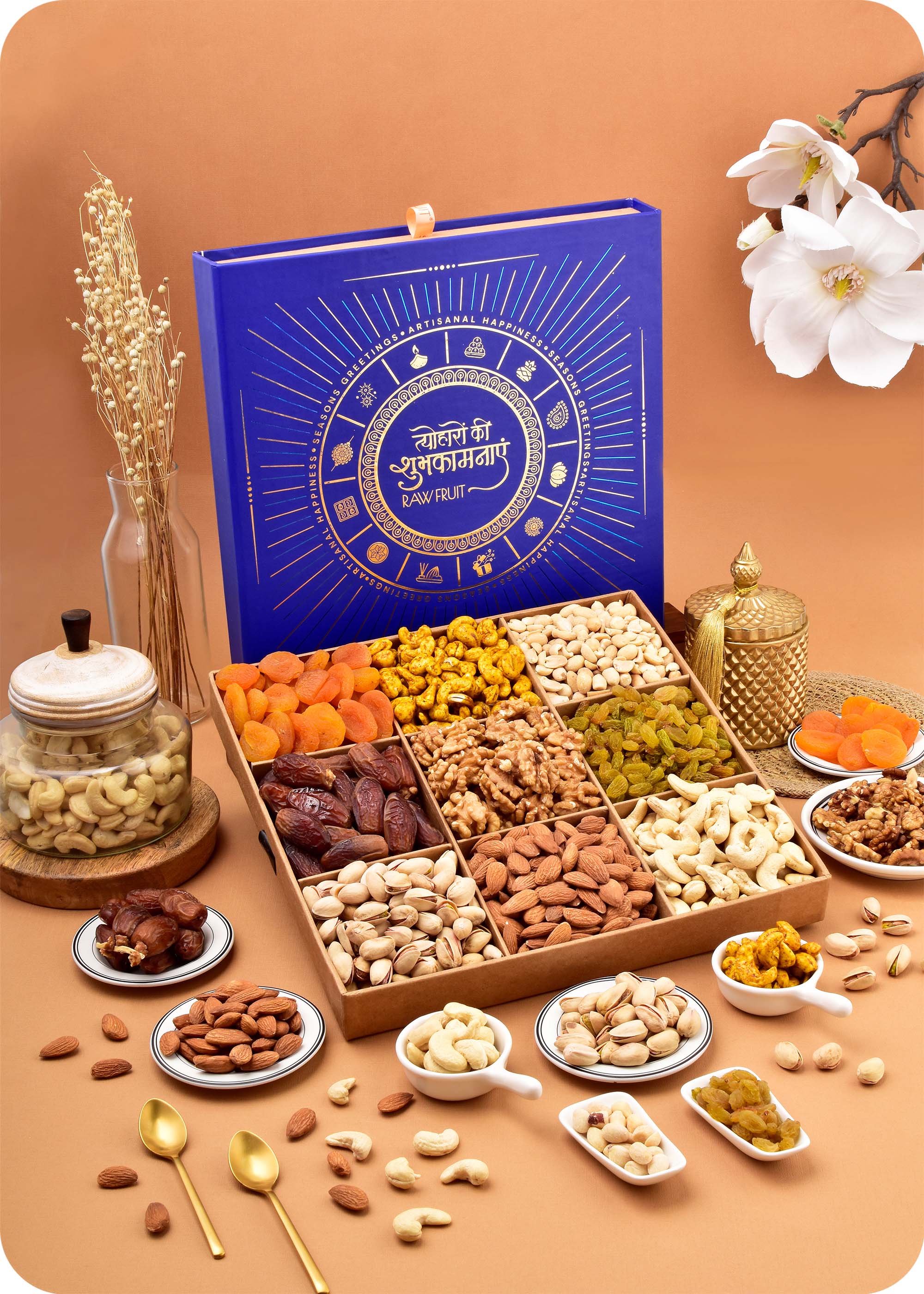 Dry Fruits Gift Hamper for Every Occasion including cashews, almonds, raisins, dates, pistachios, walnuts, roasted cashews, apricots, penuts