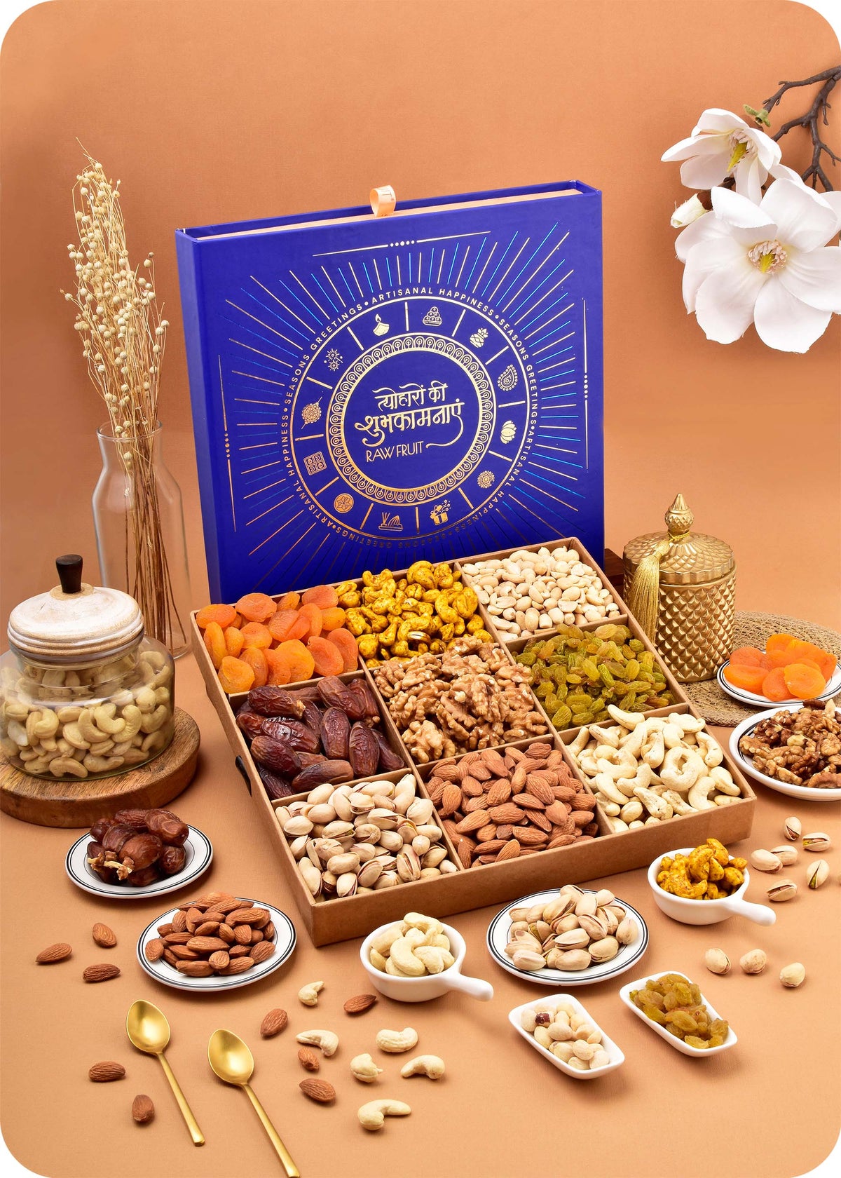 Dry Fruits Gift Hamper for Every Occasion including cashews, almonds, raisins, dates, pistachios, walnuts, roasted cashews, apricots, penuts