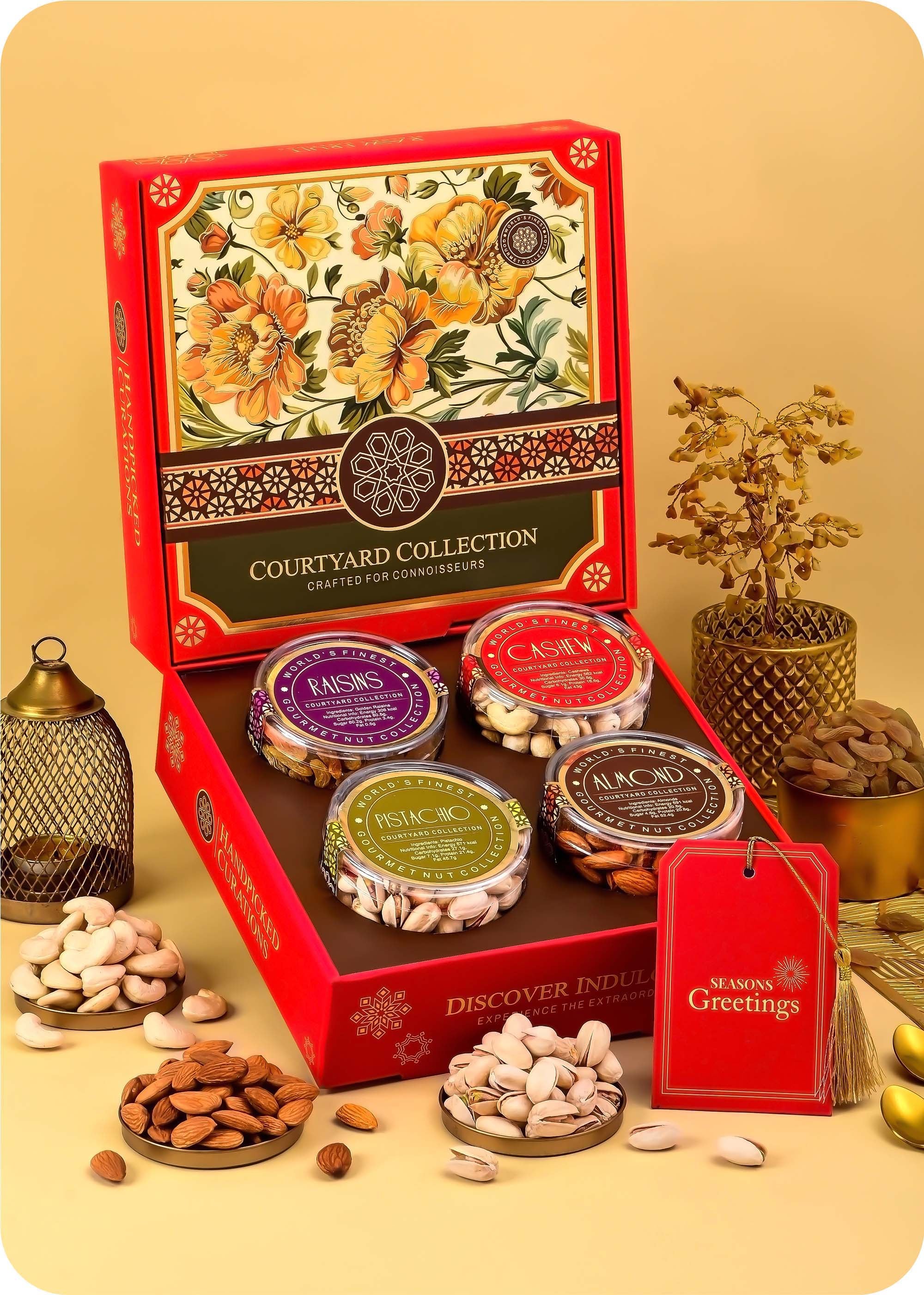Festive Dry Fruits Gifting Packs for Special Occasions including Cashews, Almonds, Raisins and Pistachios.