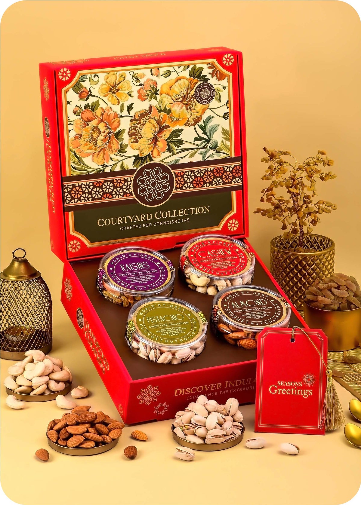 Festive Dry Fruits Gifting Packs for Special Occasions including Cashews, Almonds, Raisins and Pistachios.
