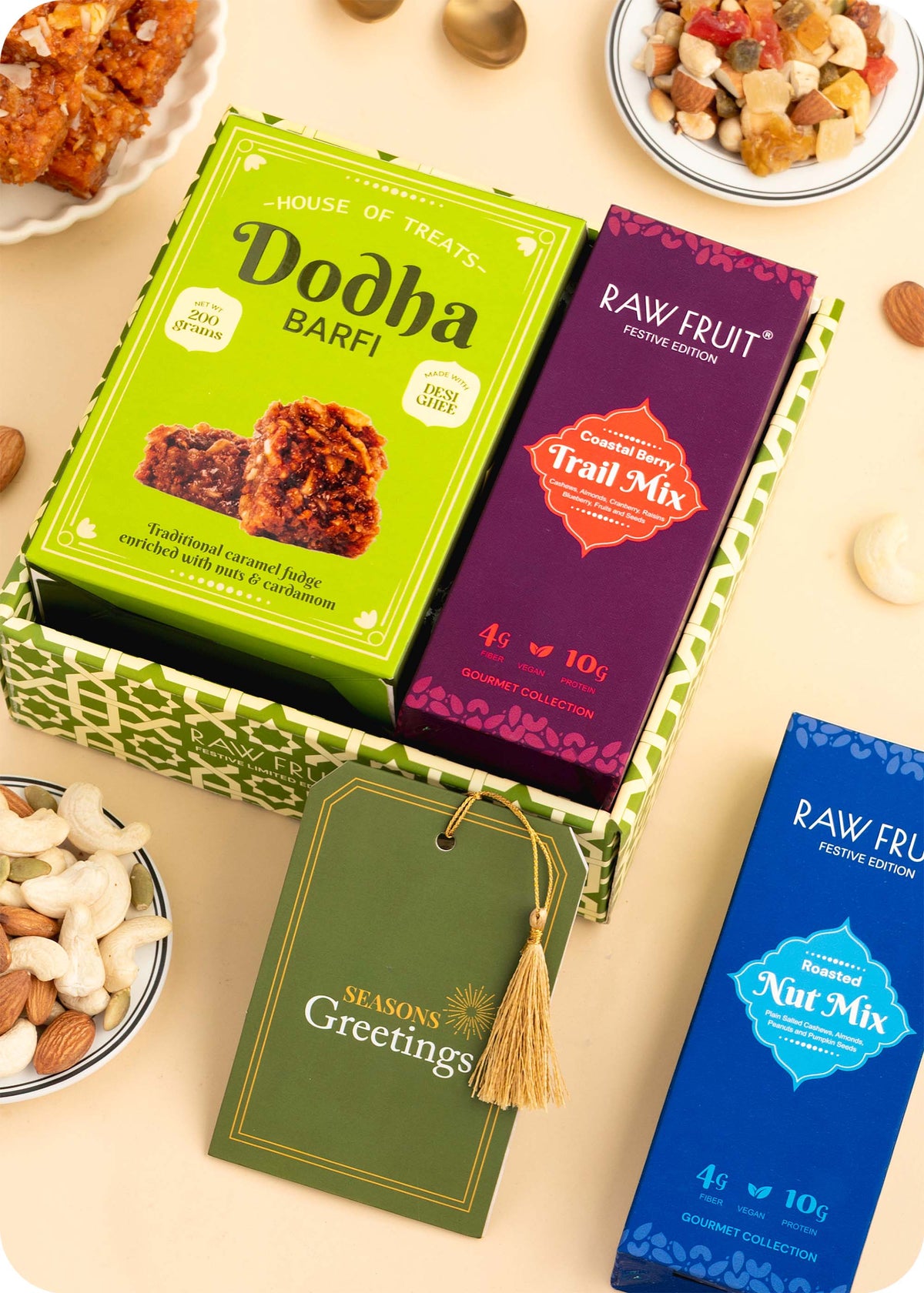 Dry Fruits and Sweets Gift Hamper including dodha barfi, nut mix, trail mix