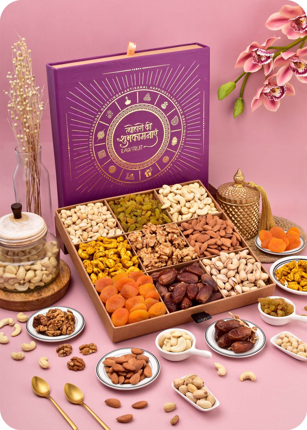Festive Delight Dry Fruits Gift Box including cashews, almonds, raisins, dates, pistachios, walnuts, roasted cashews, apricots, penuts