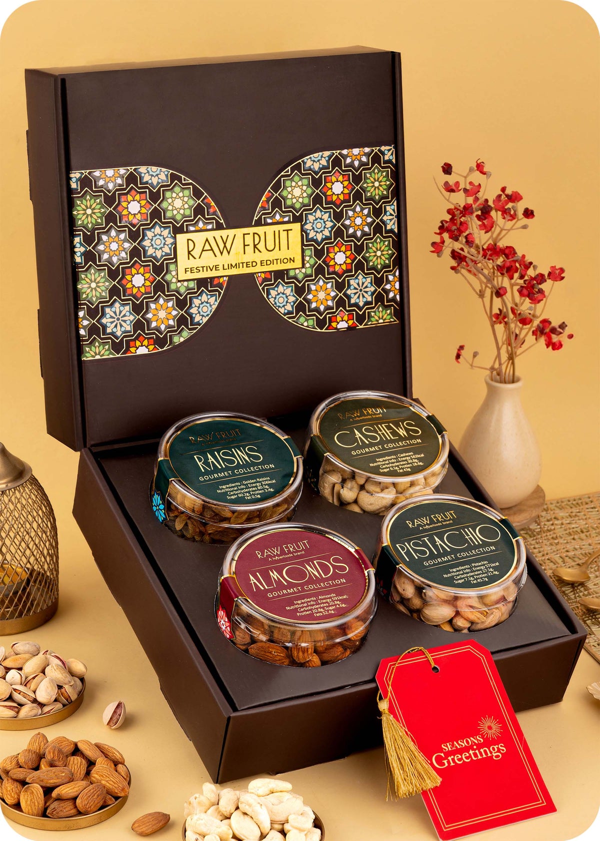 Festive Dry Fruits Gifting Packs for Special Occasions including Cashews, Almonds, Pistachios, Raisisn