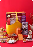 Gourmet Indulgence: Sweets with Assorted Savories Hamper including kaju katli, milk cake, samosa, kachori, french heart cookies, belgian chocochip cookies, pizza mini, pita chips, dry fruit nutty brittle, chocolates, cashews, almonds