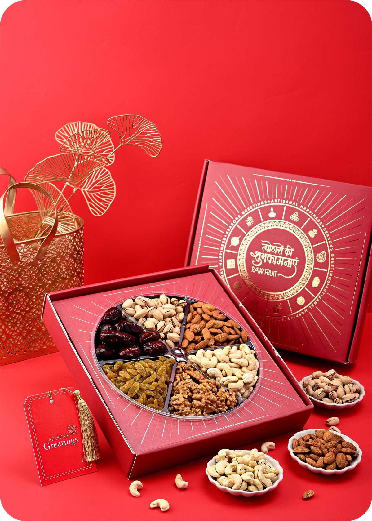 Healthy Premium Assorted Dry Fruits Gift Hamper includig Cashews, Almonds, Raisins, Walnuts, Pistachios and Dates.