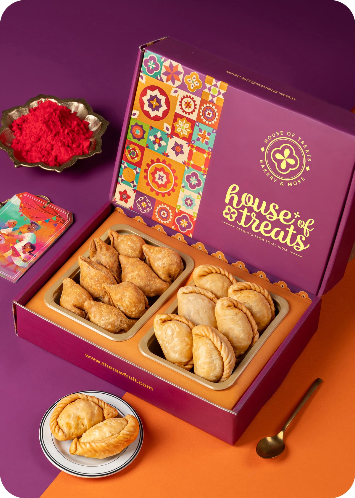 Holi special gift pack for family and friends, samosa, gujiya and herbal gulal.
