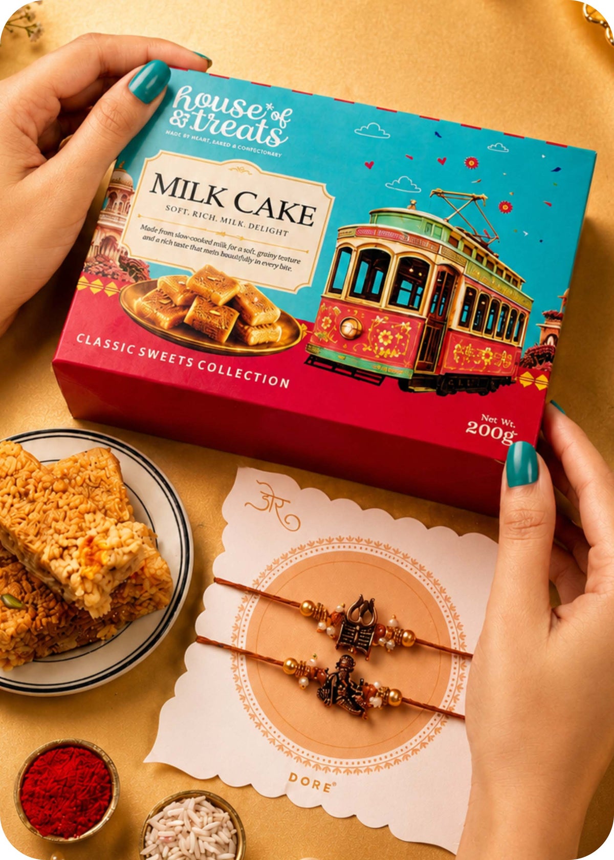 Double Delights : Milk Cake Sweet with set of 2 Rakhi