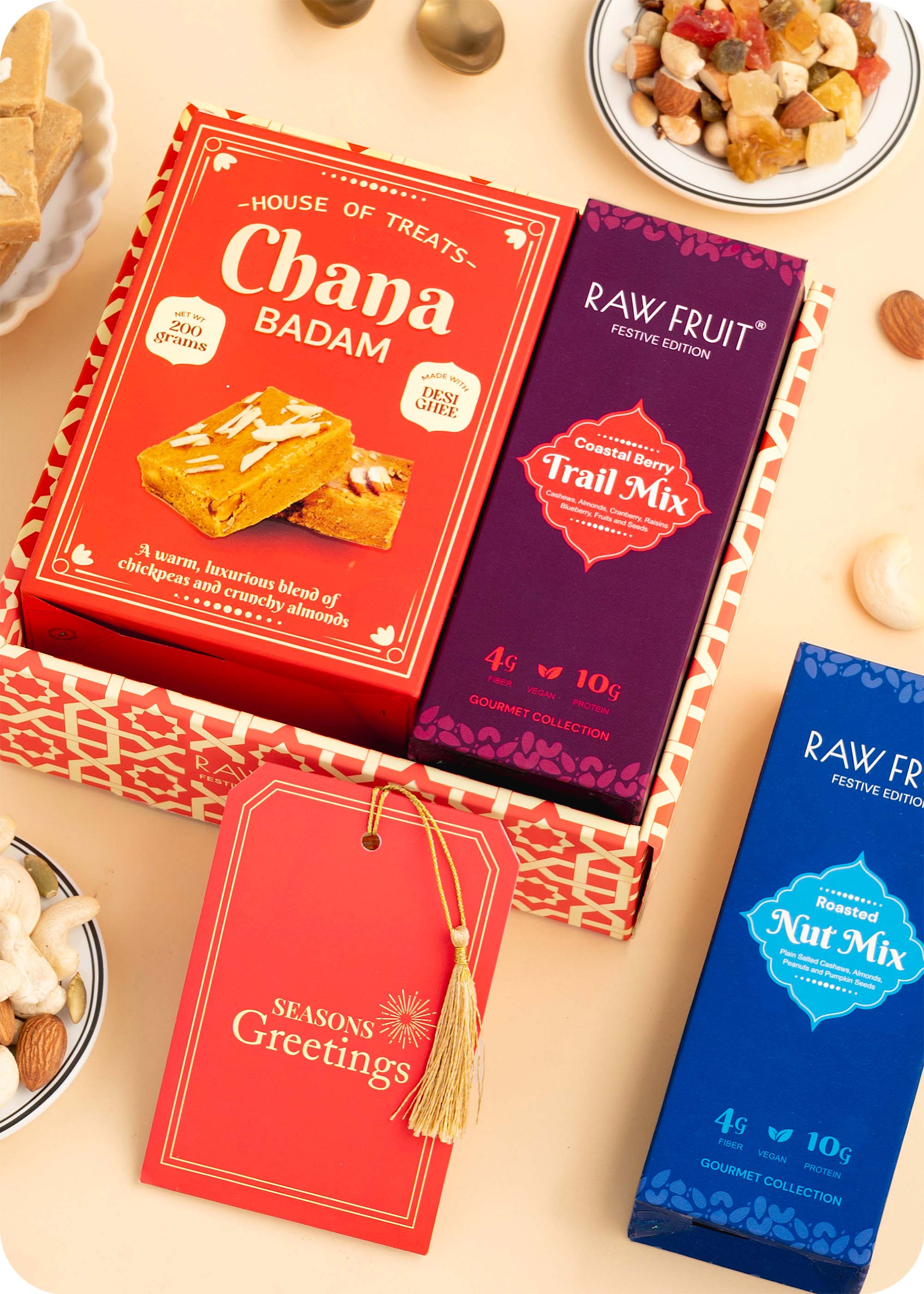Nuts and Sweets Gift Hamper including chana badam barfi, trail mix, nut mix