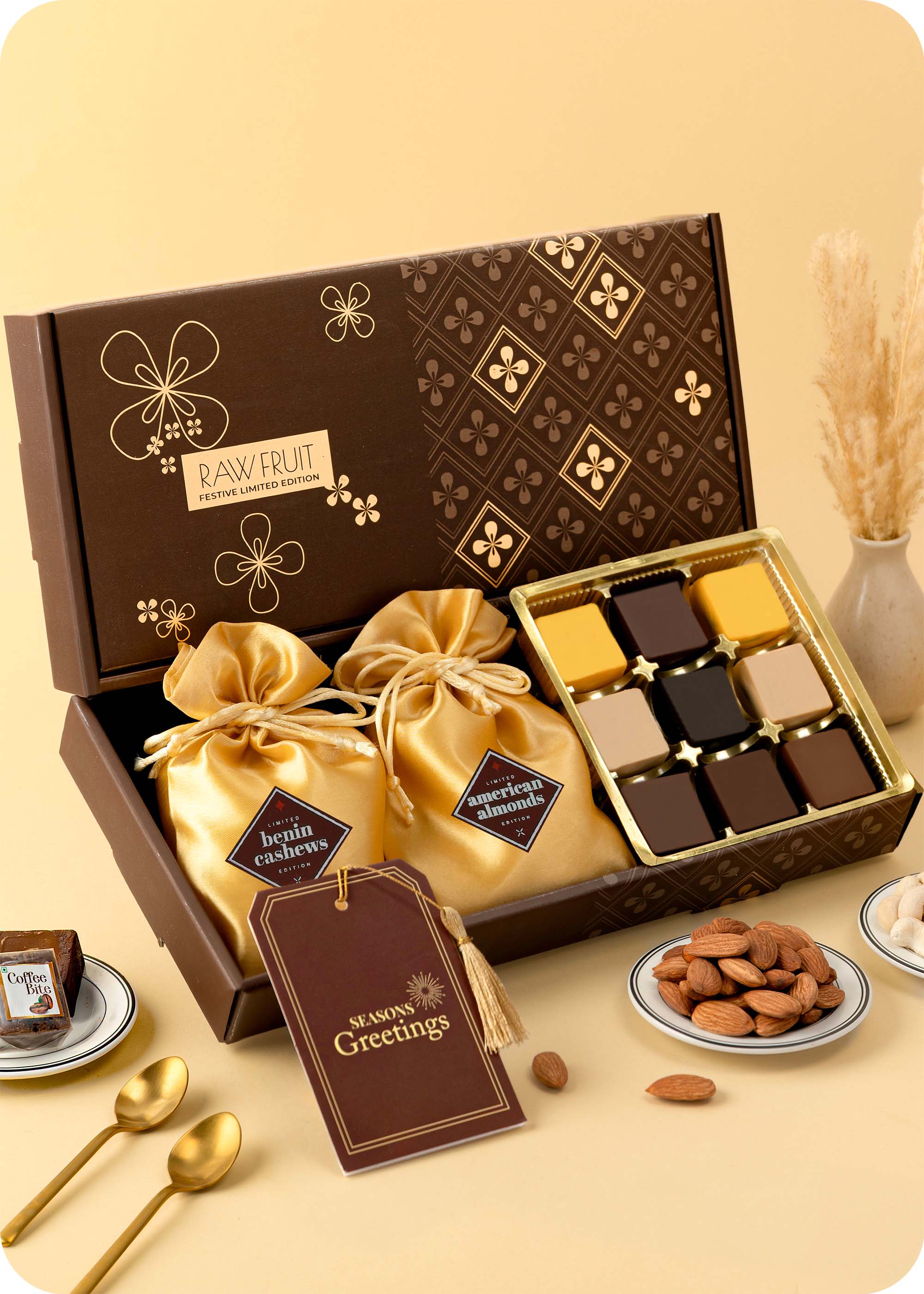 Pack of 9 Sweets with Dry Fruits including chocolate, coffee, mango bites and cashews, almonds