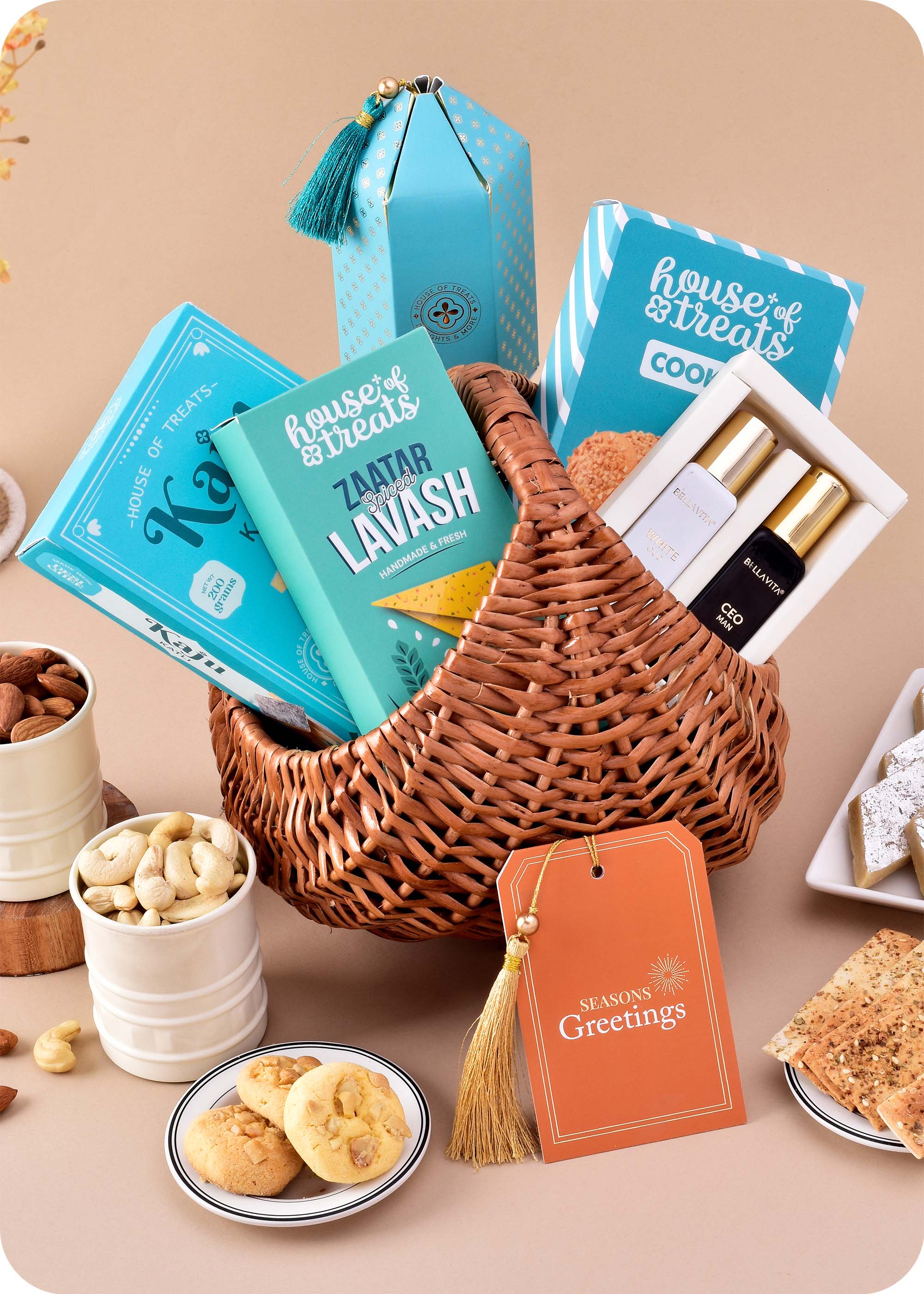 Premium Gift Basket: Fragrances, Sweets, Nuts including kaju katli, butter cashew cookies, lavash snacks, bellavita perfume, cashews and almonds