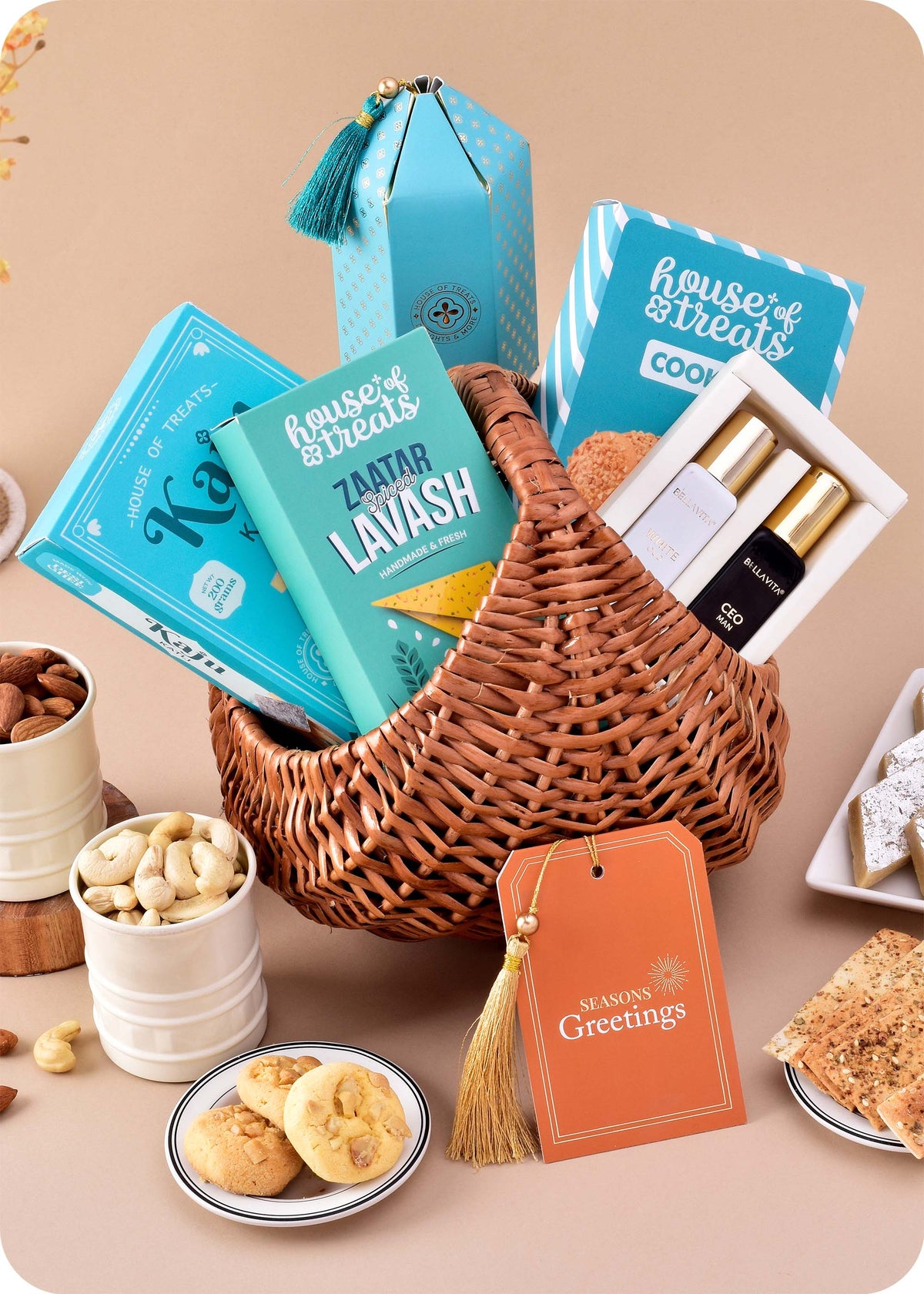 Premium Gift Basket: Fragrances, Sweets, Nuts including kaju katli, butter cashew cookies, lavash snacks, bellavita perfume, cashews and almonds