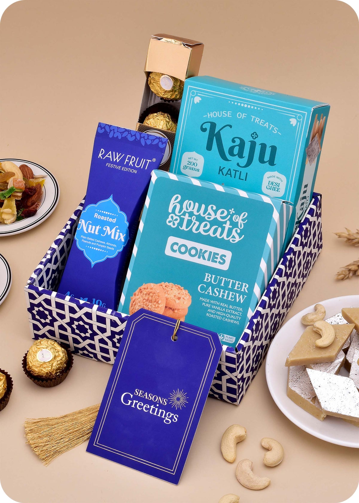 Sweets, Cookies with Chocolate Gift Hamper including kaju katli, butter cashew cookies, nut mix, ferrero rocher chocolate