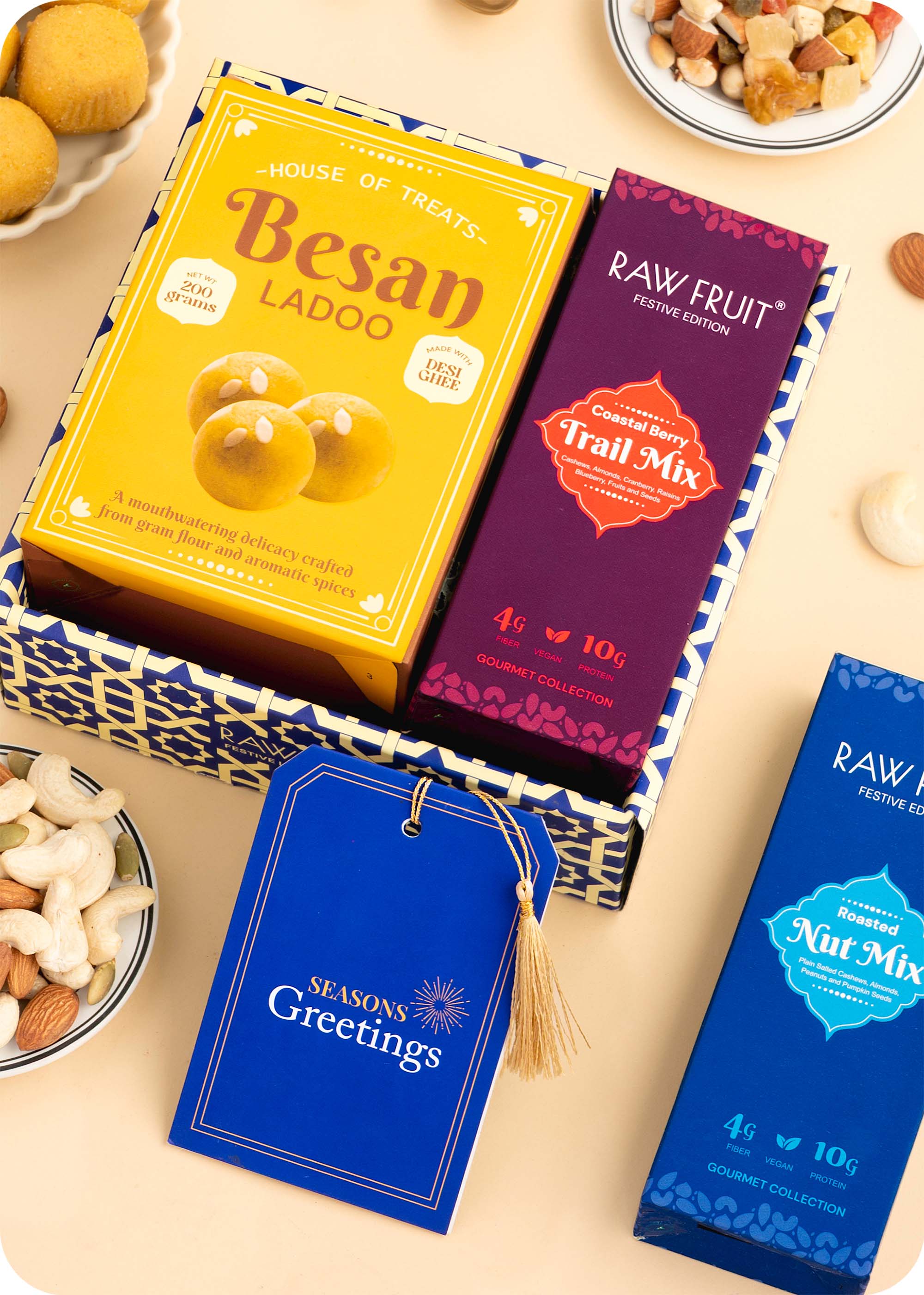 Sweets Hamper Gift Pack including besan ladoo, nut mix, trail mix