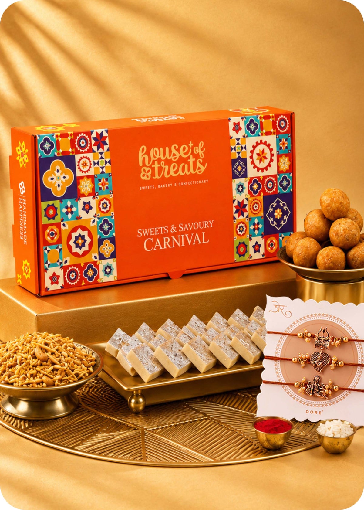 Rakhi Sweets Celebration Gift Hamper with Set of 3 Rakhi