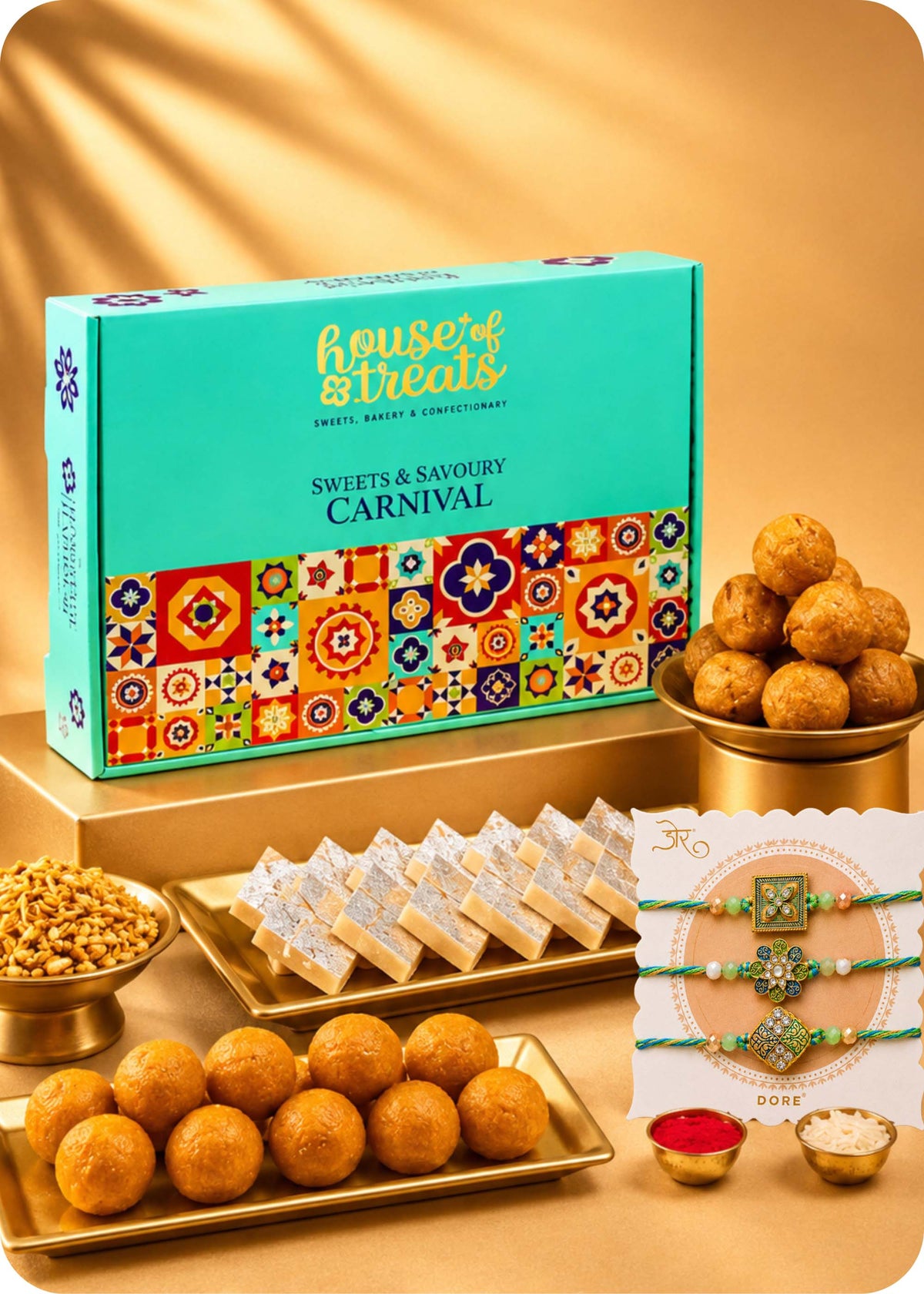 Rakhi Festive Sweets with Savoury Gift Pack with Set of 3 Rakhi